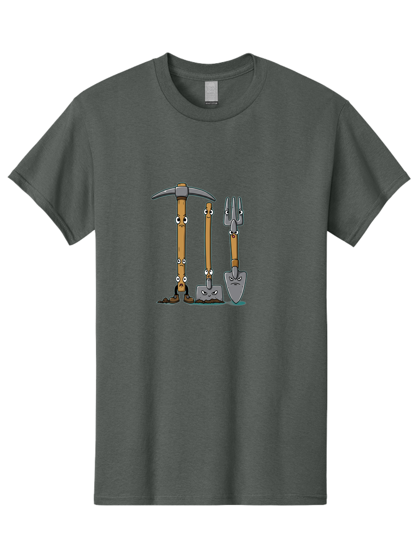 Gardening-Tools-4 Men'S Graphic Tee, 100% Cotton, Comfortable Casual Summer Wear, Machine Washable, Gardening Tools, Pickaxe, Shovel, Rake, Cartoon Characters, Anthropomorphic Objects, Grumpy Faces, Gardening Equipment, Funny Illustrations, Baa724
