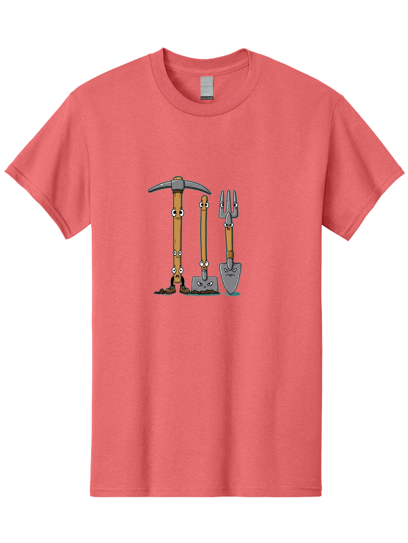 Gardening-Tools-4 Men'S Graphic Tee, 100% Cotton, Comfortable Casual Summer Wear, Machine Washable, Gardening Tools, Pickaxe, Shovel, Rake, Cartoon Characters, Anthropomorphic Objects, Grumpy Faces, Gardening Equipment, Funny Illustrations, Baa724