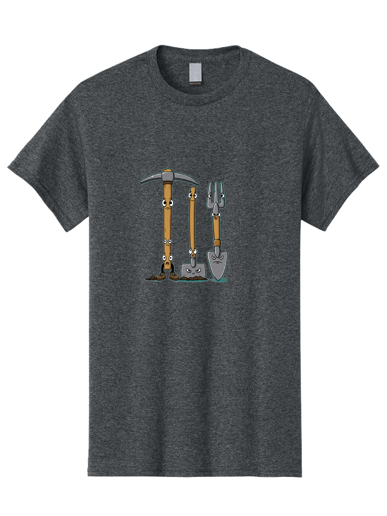Gardening-Tools-4 Men'S Graphic Tee, 100% Cotton, Comfortable Casual Summer Wear, Machine Washable, Gardening Tools, Pickaxe, Shovel, Rake, Cartoon Characters, Anthropomorphic Objects, Grumpy Faces, Gardening Equipment, Funny Illustrations, Baa724