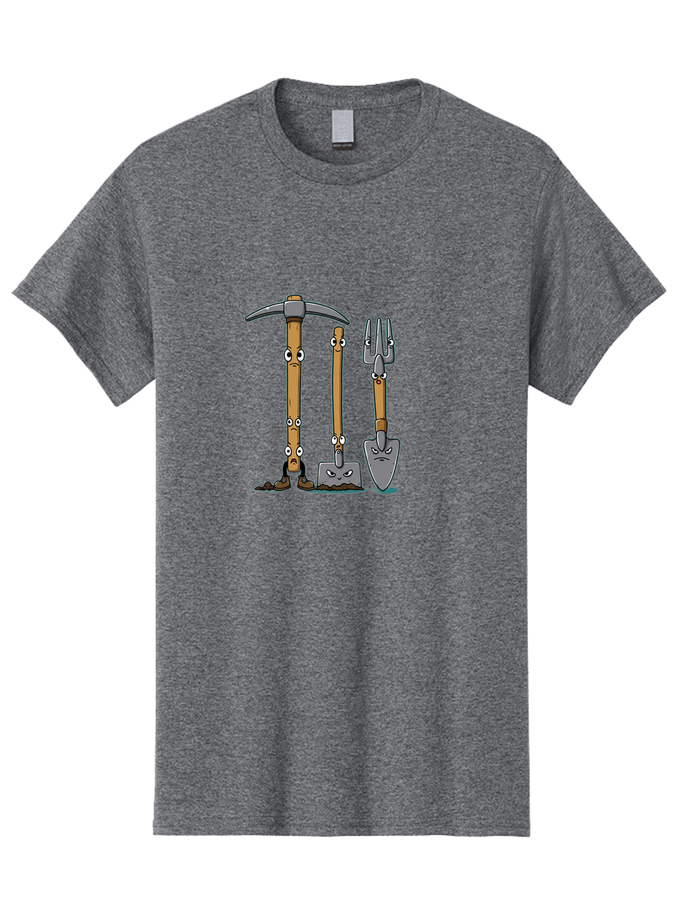 Gardening-Tools-4 Men'S Graphic Tee, 100% Cotton, Comfortable Casual Summer Wear, Machine Washable, Gardening Tools, Pickaxe, Shovel, Rake, Cartoon Characters, Anthropomorphic Objects, Grumpy Faces, Gardening Equipment, Funny Illustrations, Baa724