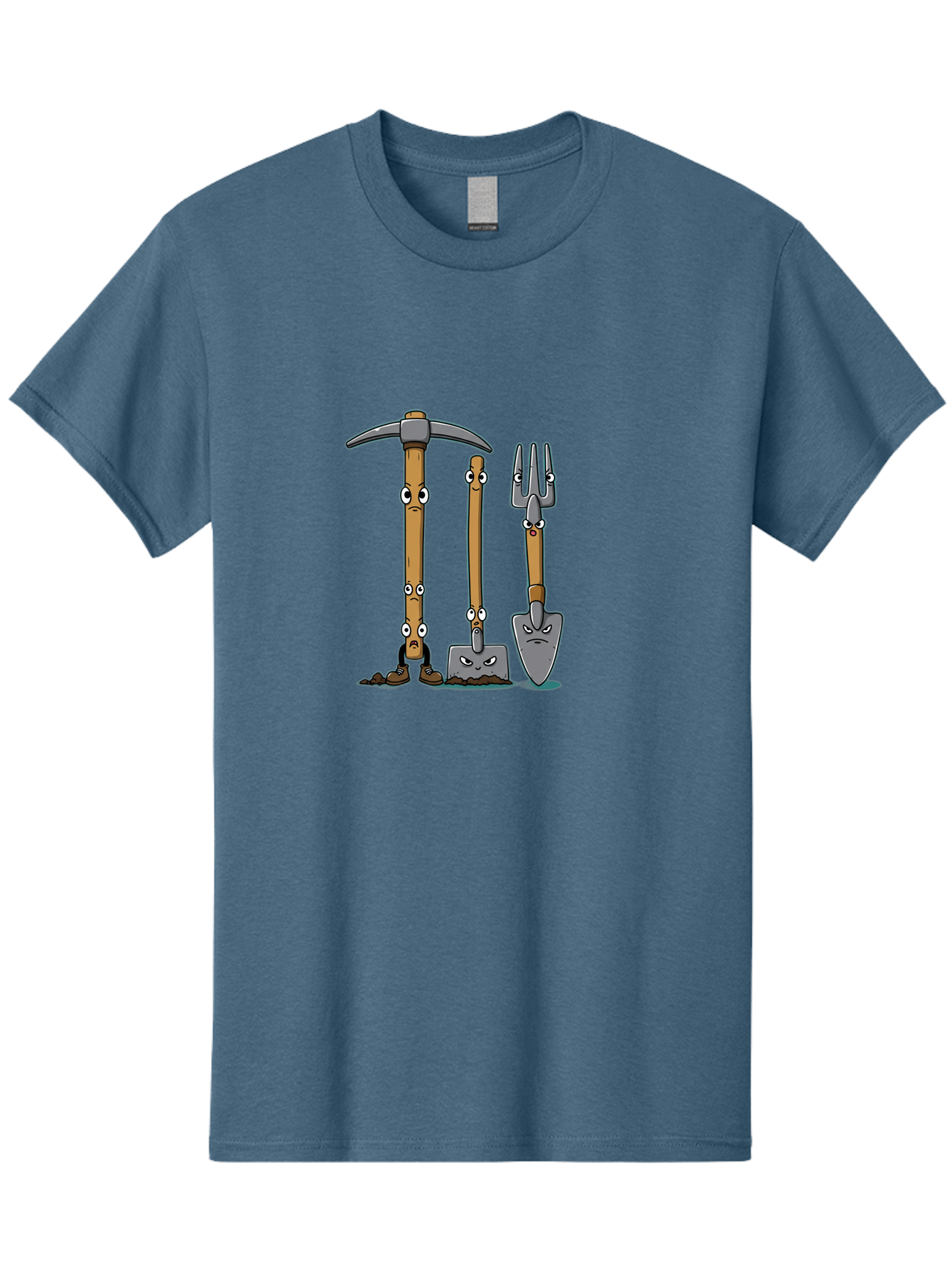 Gardening-Tools-4 Men'S Graphic Tee, 100% Cotton, Comfortable Casual Summer Wear, Machine Washable, Gardening Tools, Pickaxe, Shovel, Rake, Cartoon Characters, Anthropomorphic Objects, Grumpy Faces, Gardening Equipment, Funny Illustrations, Baa724