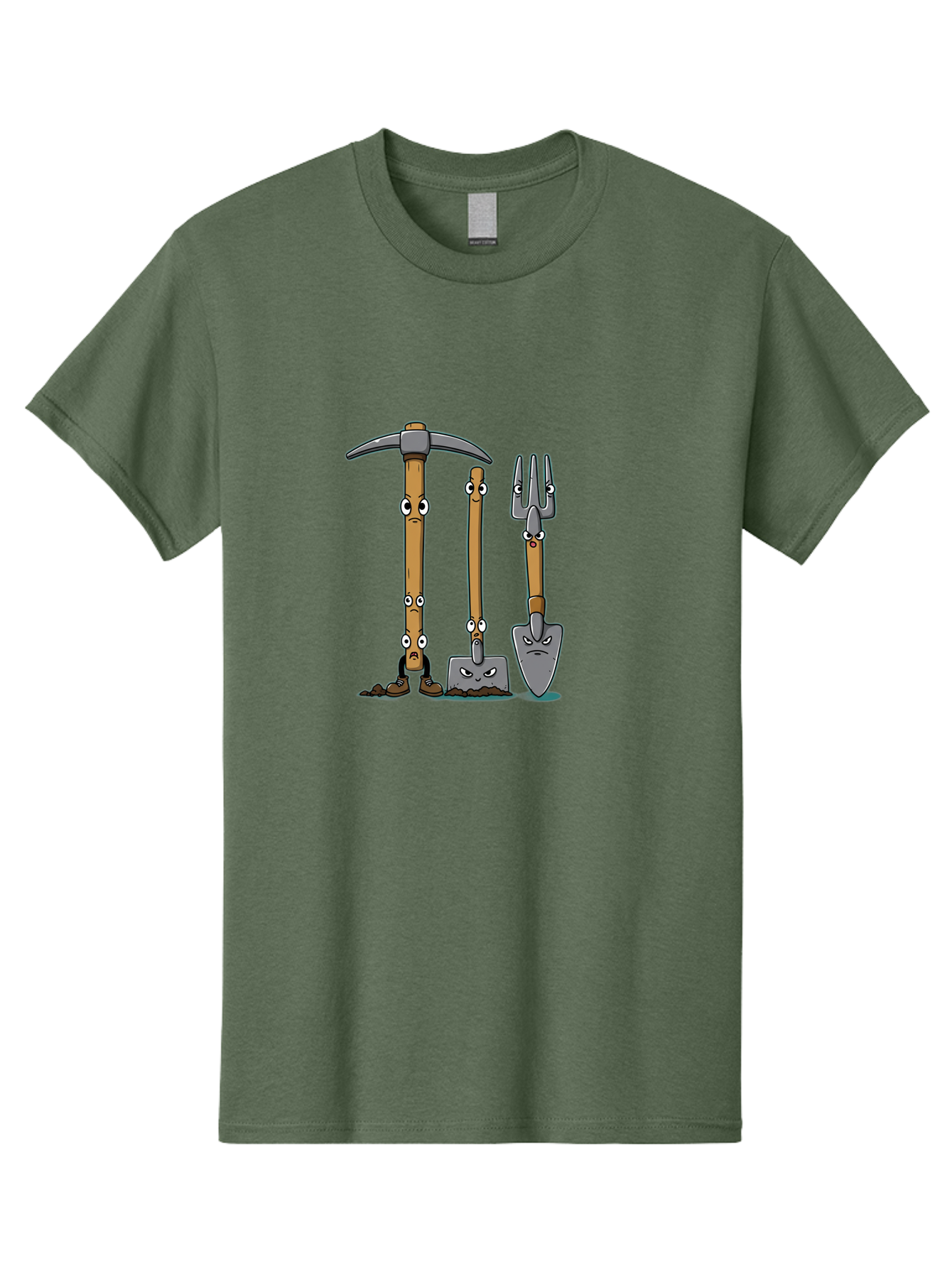 Gardening-Tools-4 Men'S Graphic Tee, 100% Cotton, Comfortable Casual Summer Wear, Machine Washable, Gardening Tools, Pickaxe, Shovel, Rake, Cartoon Characters, Anthropomorphic Objects, Grumpy Faces, Gardening Equipment, Funny Illustrations, Baa724
