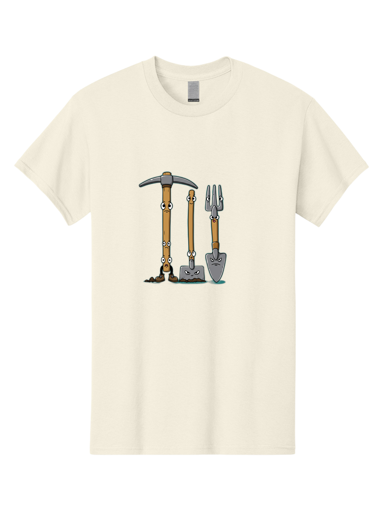 Gardening-Tools-4 Men'S Graphic Tee, 100% Cotton, Comfortable Casual Summer Wear, Machine Washable, Gardening Tools, Pickaxe, Shovel, Rake, Cartoon Characters, Anthropomorphic Objects, Grumpy Faces, Gardening Equipment, Funny Illustrations, Baa724