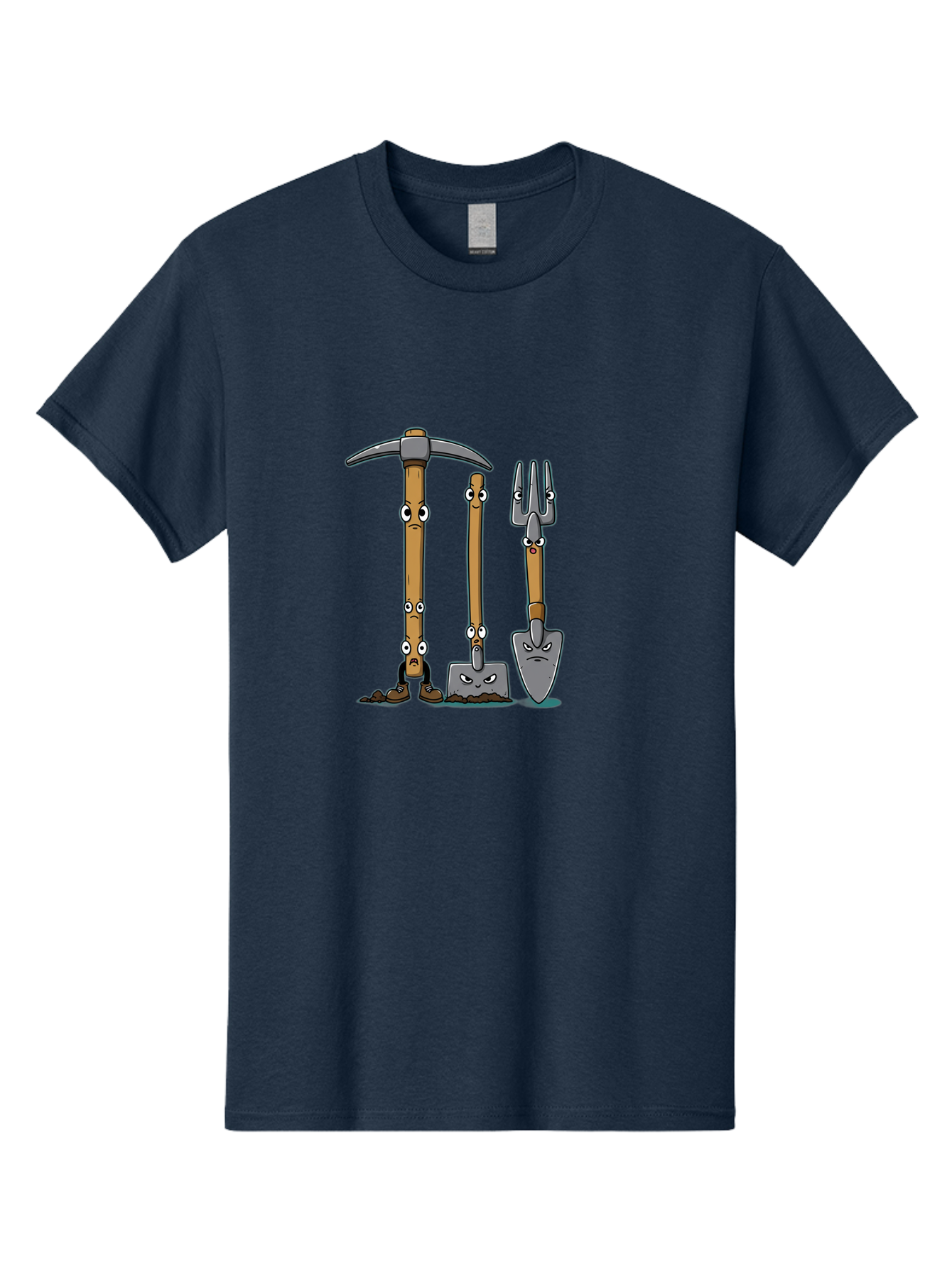 Gardening-Tools-4 Men'S Graphic Tee, 100% Cotton, Comfortable Casual Summer Wear, Machine Washable, Gardening Tools, Pickaxe, Shovel, Rake, Cartoon Characters, Anthropomorphic Objects, Grumpy Faces, Gardening Equipment, Funny Illustrations, Baa724