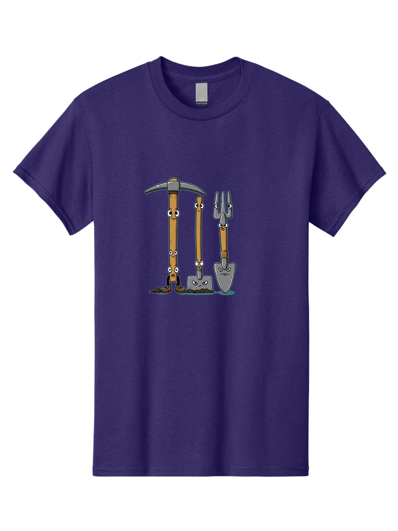 Gardening-Tools-4 Men'S Graphic Tee, 100% Cotton, Comfortable Casual Summer Wear, Machine Washable, Gardening Tools, Pickaxe, Shovel, Rake, Cartoon Characters, Anthropomorphic Objects, Grumpy Faces, Gardening Equipment, Funny Illustrations, Baa724