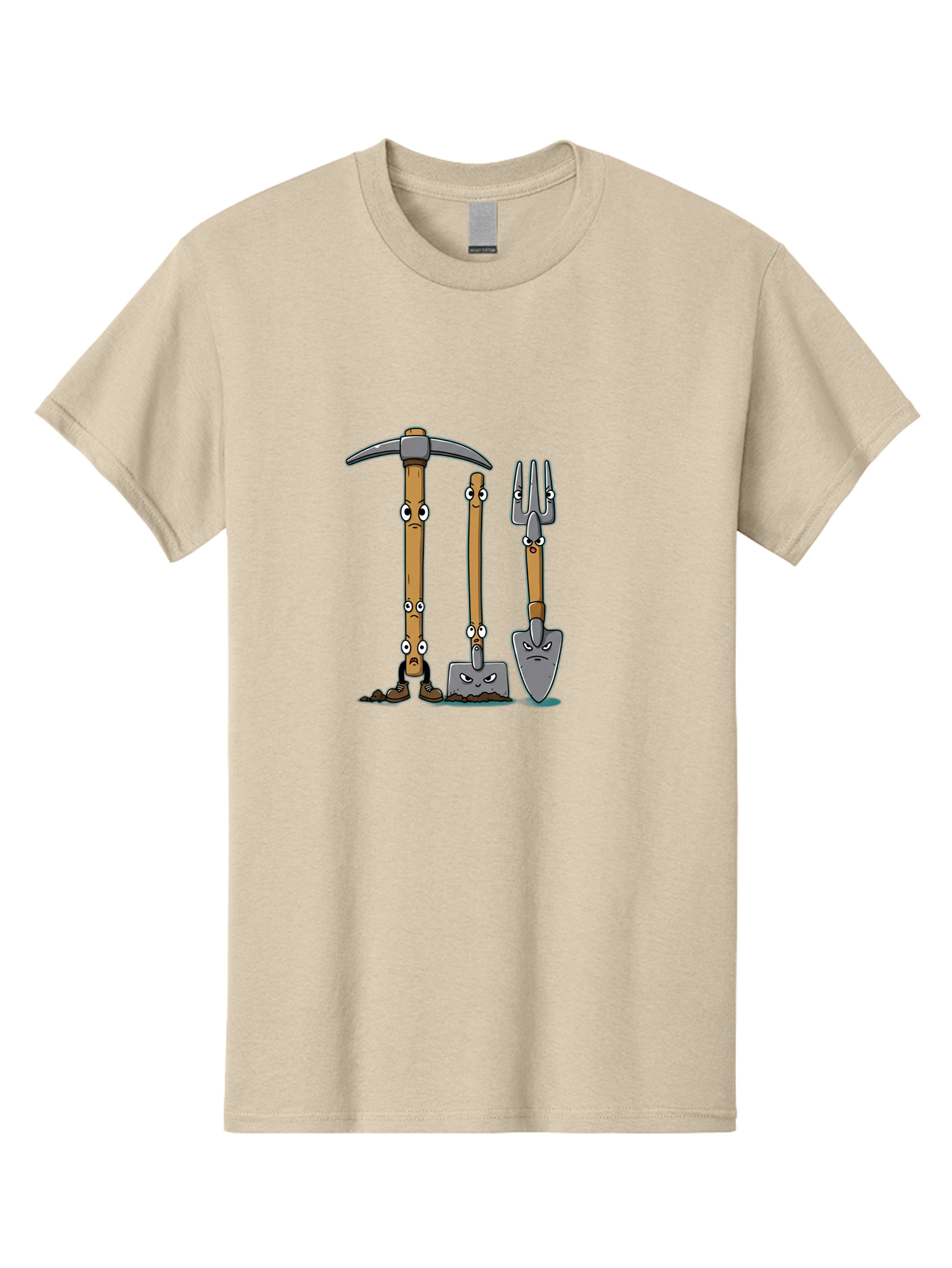 Gardening-Tools-4 Men'S Graphic Tee, 100% Cotton, Comfortable Casual Summer Wear, Machine Washable, Gardening Tools, Pickaxe, Shovel, Rake, Cartoon Characters, Anthropomorphic Objects, Grumpy Faces, Gardening Equipment, Funny Illustrations, Baa724