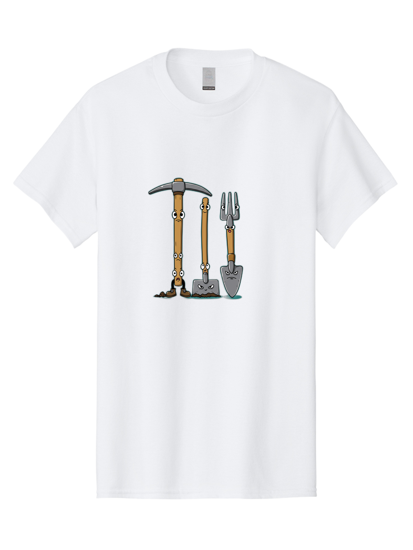 Gardening-Tools-4 Men'S Graphic Tee, 100% Cotton, Comfortable Casual Summer Wear, Machine Washable, Gardening Tools, Pickaxe, Shovel, Rake, Cartoon Characters, Anthropomorphic Objects, Grumpy Faces, Gardening Equipment, Funny Illustrations, Baa724