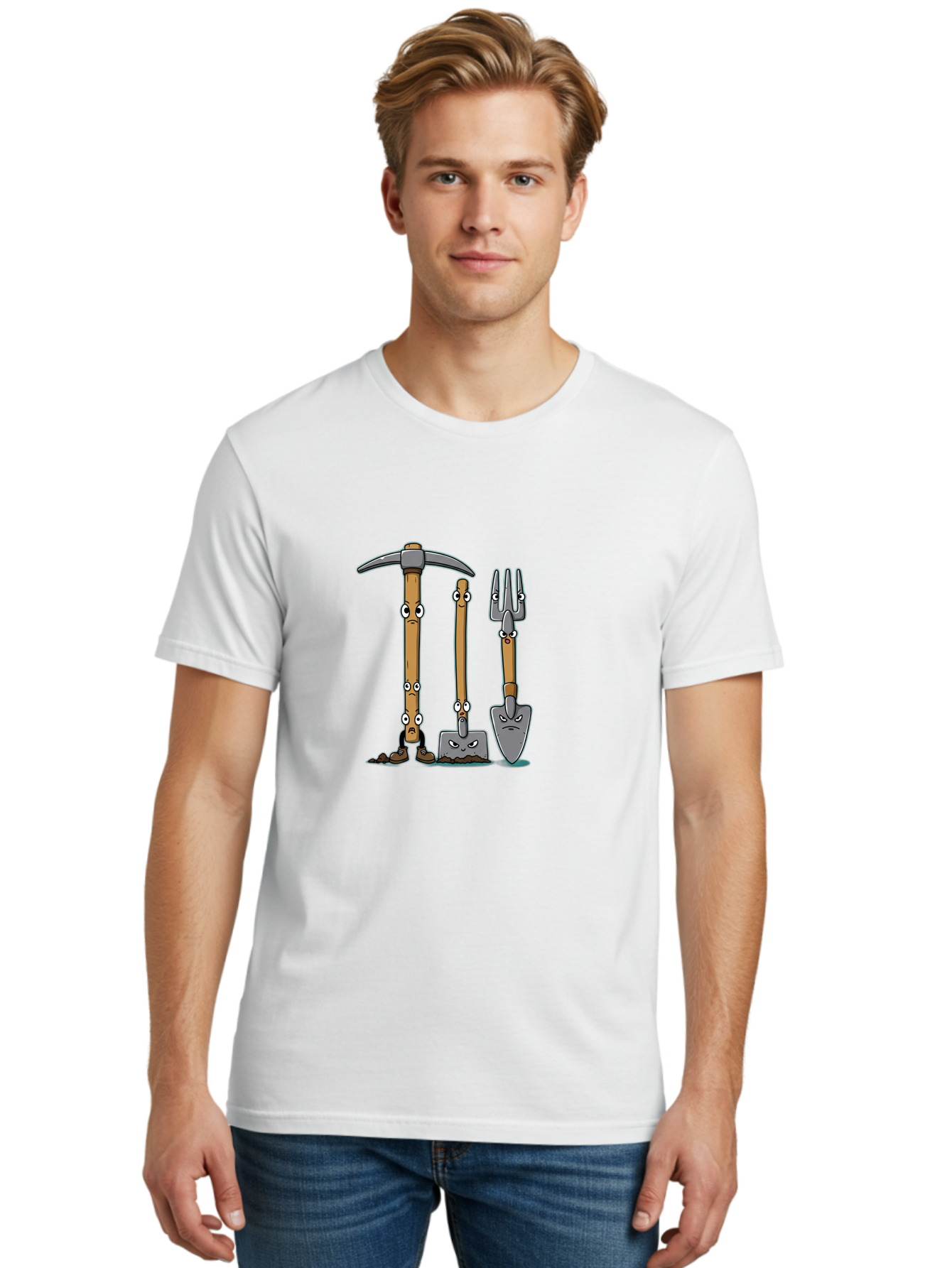 Gardening-Tools-4 Men'S Graphic Tee, 100% Cotton, Comfortable Casual Summer Wear, Machine Washable, Gardening Tools, Pickaxe, Shovel, Rake, Cartoon Characters, Anthropomorphic Objects, Grumpy Faces, Gardening Equipment, Funny Illustrations, Baa724