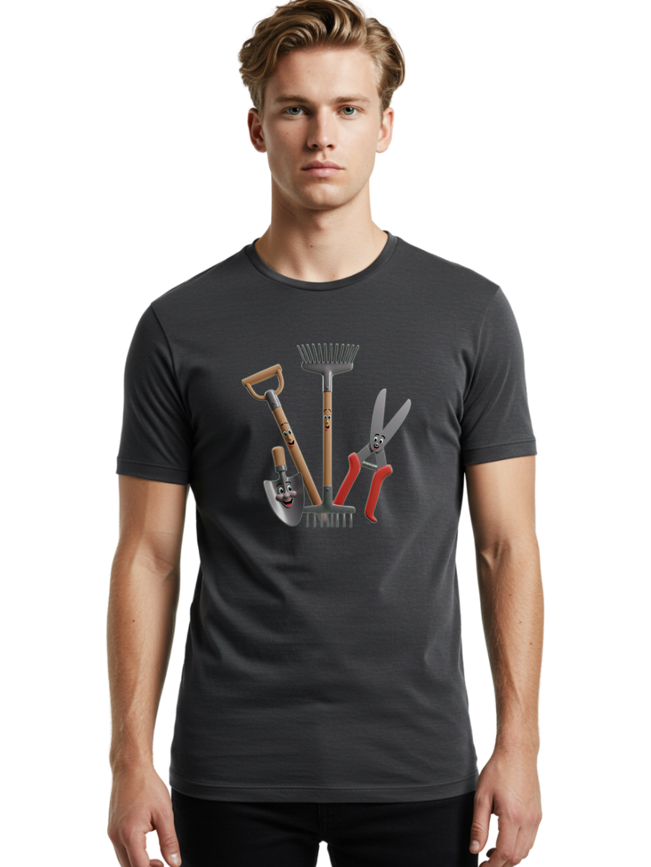 Gardening-Tools-5 Men'S Graphic Tee, 100% Cotton, Comfortable Casual Summer Wear, Machine Washable, Gardening Tools, Shovel, Rake, Pruning Shears, Anthropomorphic, Cartoon-Style, Gardening Equipment, Outdoor Gear, Friendly Tools Baa725