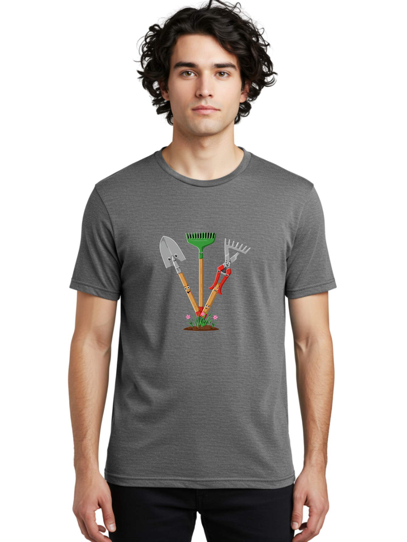 Gardening-Tools Men'S Graphic Tee, 100% Cotton, Comfortable Casual Summer Wear, Machine Washable, Garden Tools, Shovel, Rake, Pruning Shears, Gardening, Anthropomorphic Tools, Cartoon-Style, Human-Like Handles, Gardening Equipment, Baa729