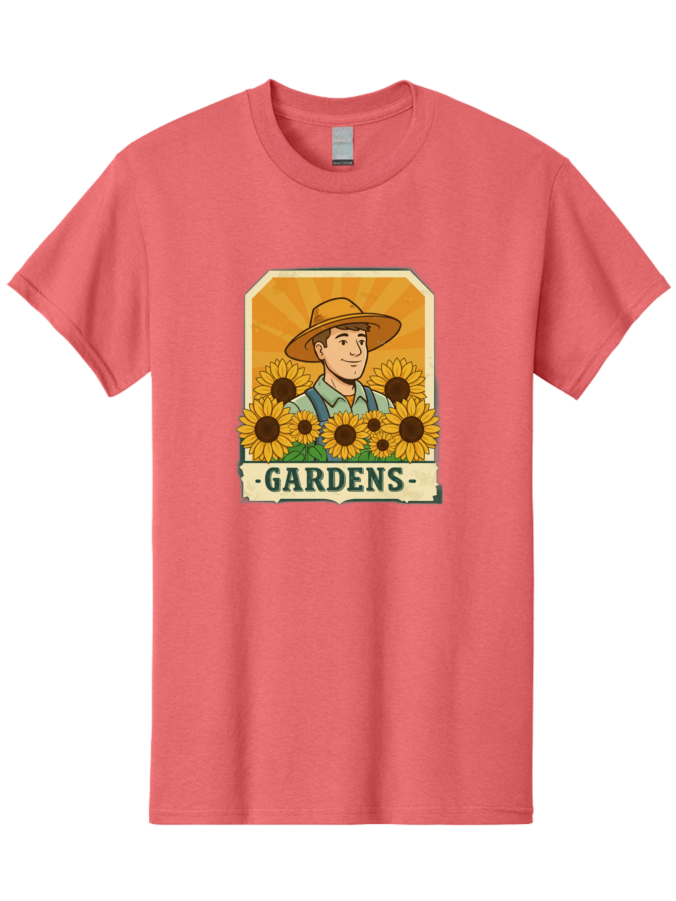 Gardens Men'S Graphic Tee, 100% Cotton, Comfortable Casual Summer Wear, Machine Washable, Gardener With Sunflowers, Floral Arrangement, Garden Scene, Sun Hat, Overalls, Smiling Gardener, Gardening, Sunny Day, Yellow Flowers Baa730