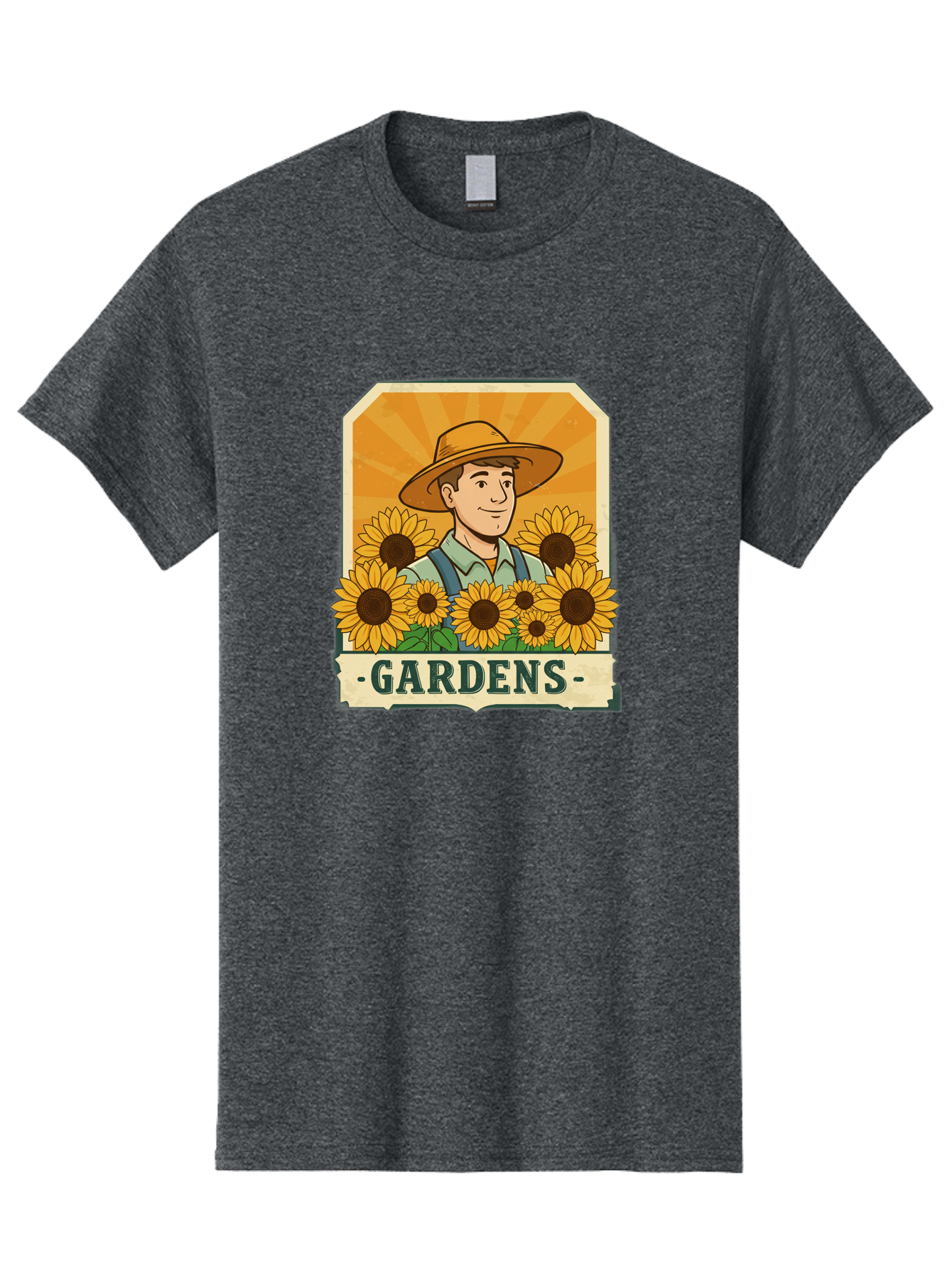 Gardens Men'S Graphic Tee, 100% Cotton, Comfortable Casual Summer Wear, Machine Washable, Gardener With Sunflowers, Floral Arrangement, Garden Scene, Sun Hat, Overalls, Smiling Gardener, Gardening, Sunny Day, Yellow Flowers Baa730