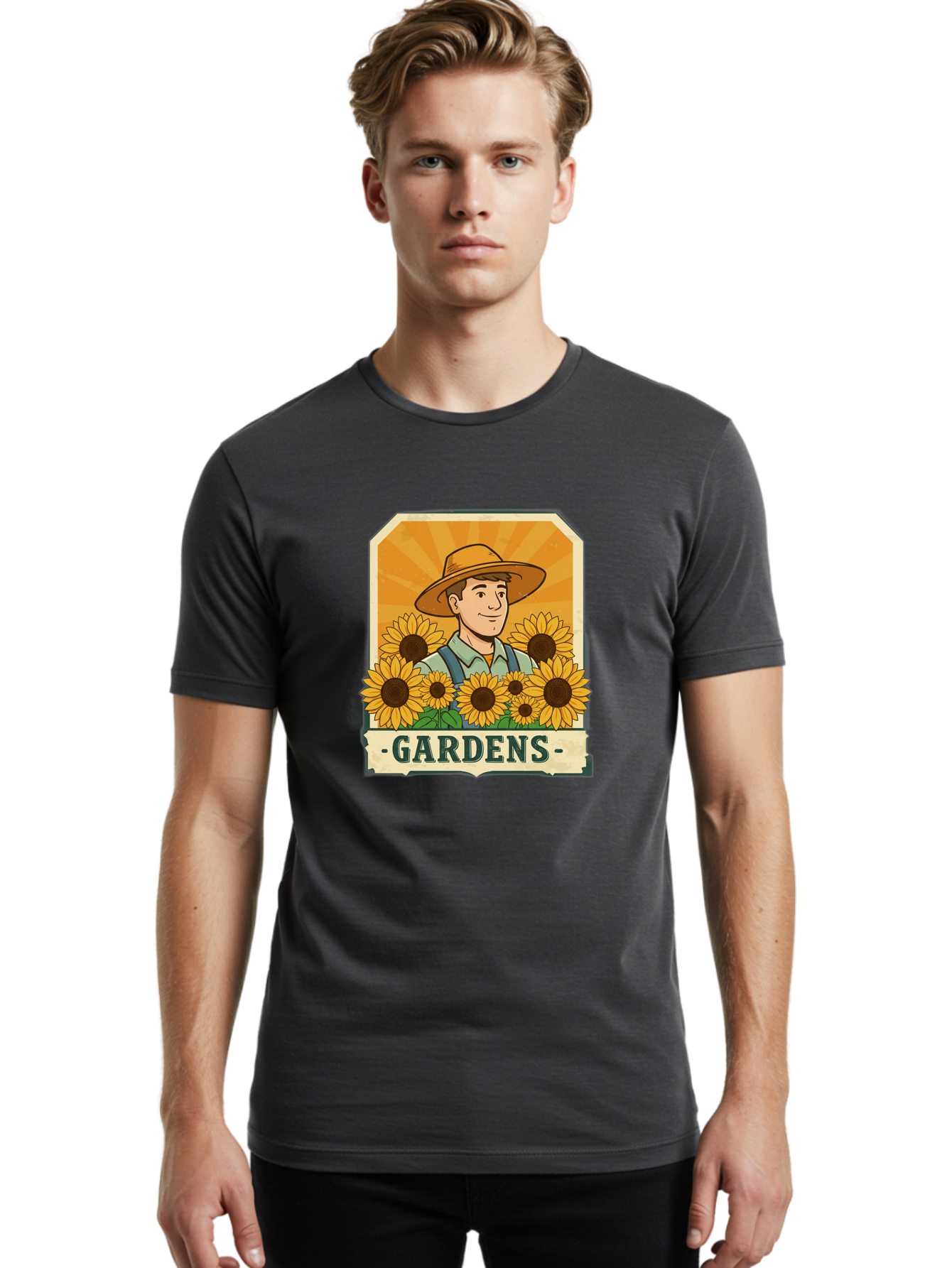 Gardens Men'S Graphic Tee, 100% Cotton, Comfortable Casual Summer Wear, Machine Washable, Gardener With Sunflowers, Floral Arrangement, Garden Scene, Sun Hat, Overalls, Smiling Gardener, Gardening, Sunny Day, Yellow Flowers Baa730