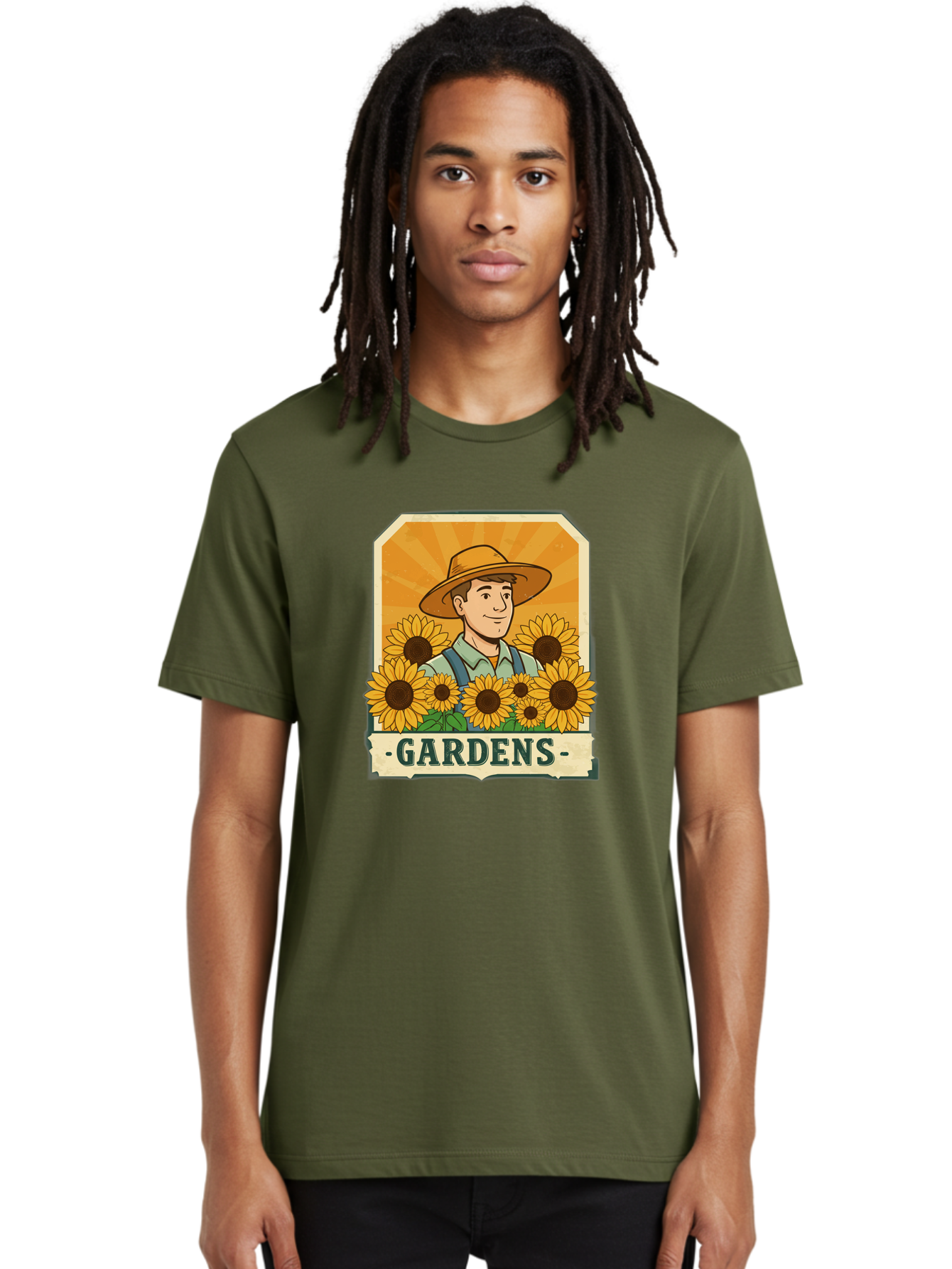 Gardens Men'S Graphic Tee, 100% Cotton, Comfortable Casual Summer Wear, Machine Washable, Gardener With Sunflowers, Floral Arrangement, Garden Scene, Sun Hat, Overalls, Smiling Gardener, Gardening, Sunny Day, Yellow Flowers Baa730