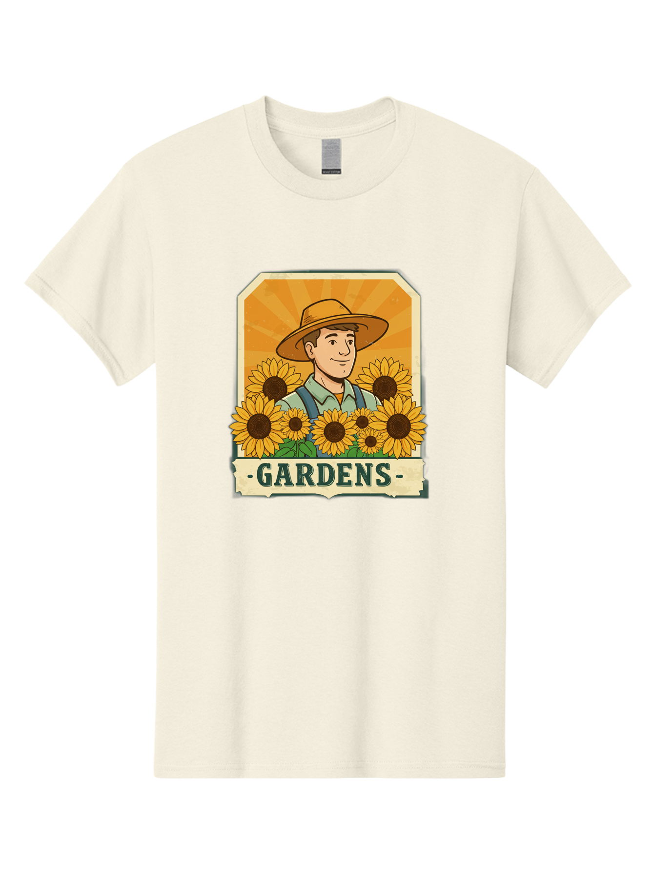 Gardens Men'S Graphic Tee, 100% Cotton, Comfortable Casual Summer Wear, Machine Washable, Gardener With Sunflowers, Floral Arrangement, Garden Scene, Sun Hat, Overalls, Smiling Gardener, Gardening, Sunny Day, Yellow Flowers Baa730
