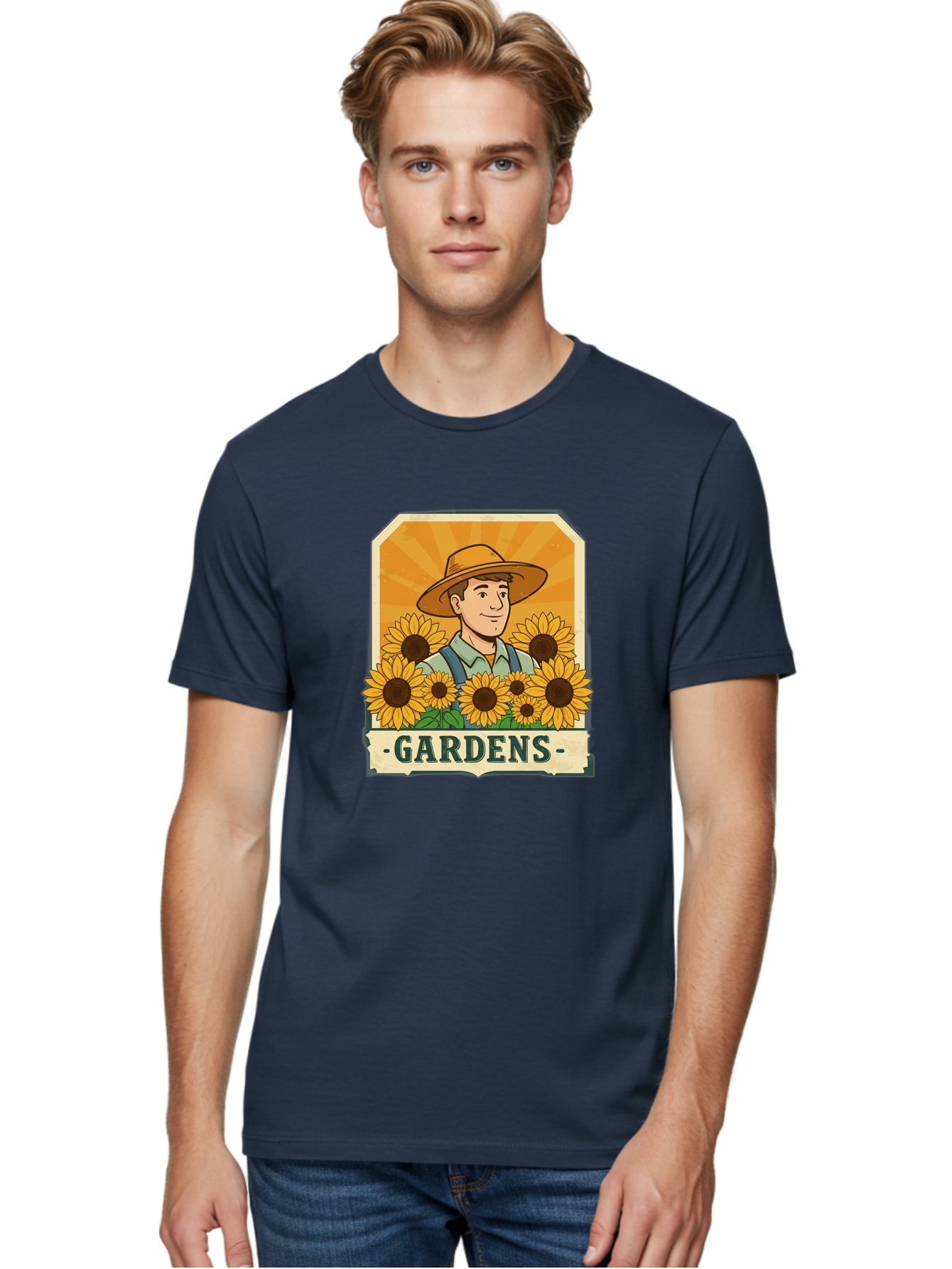 Gardens Men'S Graphic Tee, 100% Cotton, Comfortable Casual Summer Wear, Machine Washable, Gardener With Sunflowers, Floral Arrangement, Garden Scene, Sun Hat, Overalls, Smiling Gardener, Gardening, Sunny Day, Yellow Flowers Baa730