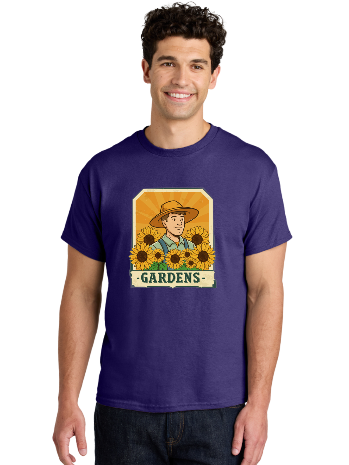 Gardens Men'S Graphic Tee, 100% Cotton, Comfortable Casual Summer Wear, Machine Washable, Gardener With Sunflowers, Floral Arrangement, Garden Scene, Sun Hat, Overalls, Smiling Gardener, Gardening, Sunny Day, Yellow Flowers Baa730