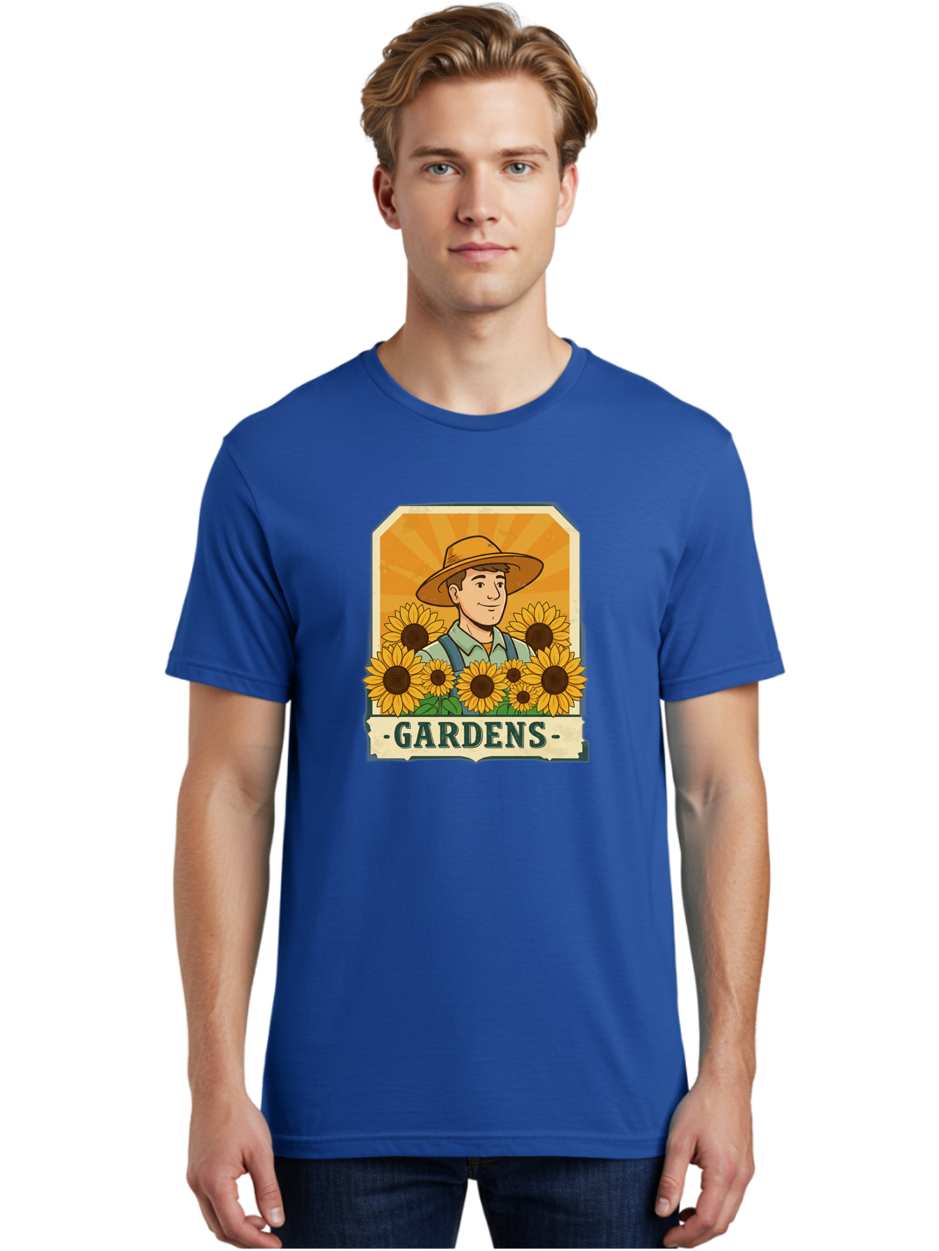 Gardens Men'S Graphic Tee, 100% Cotton, Comfortable Casual Summer Wear, Machine Washable, Gardener With Sunflowers, Floral Arrangement, Garden Scene, Sun Hat, Overalls, Smiling Gardener, Gardening, Sunny Day, Yellow Flowers Baa730