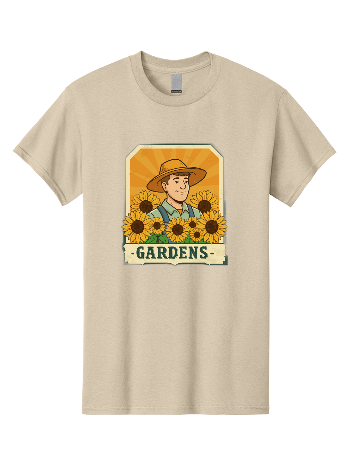 Gardens Men'S Graphic Tee, 100% Cotton, Comfortable Casual Summer Wear, Machine Washable, Gardener With Sunflowers, Floral Arrangement, Garden Scene, Sun Hat, Overalls, Smiling Gardener, Gardening, Sunny Day, Yellow Flowers Baa730