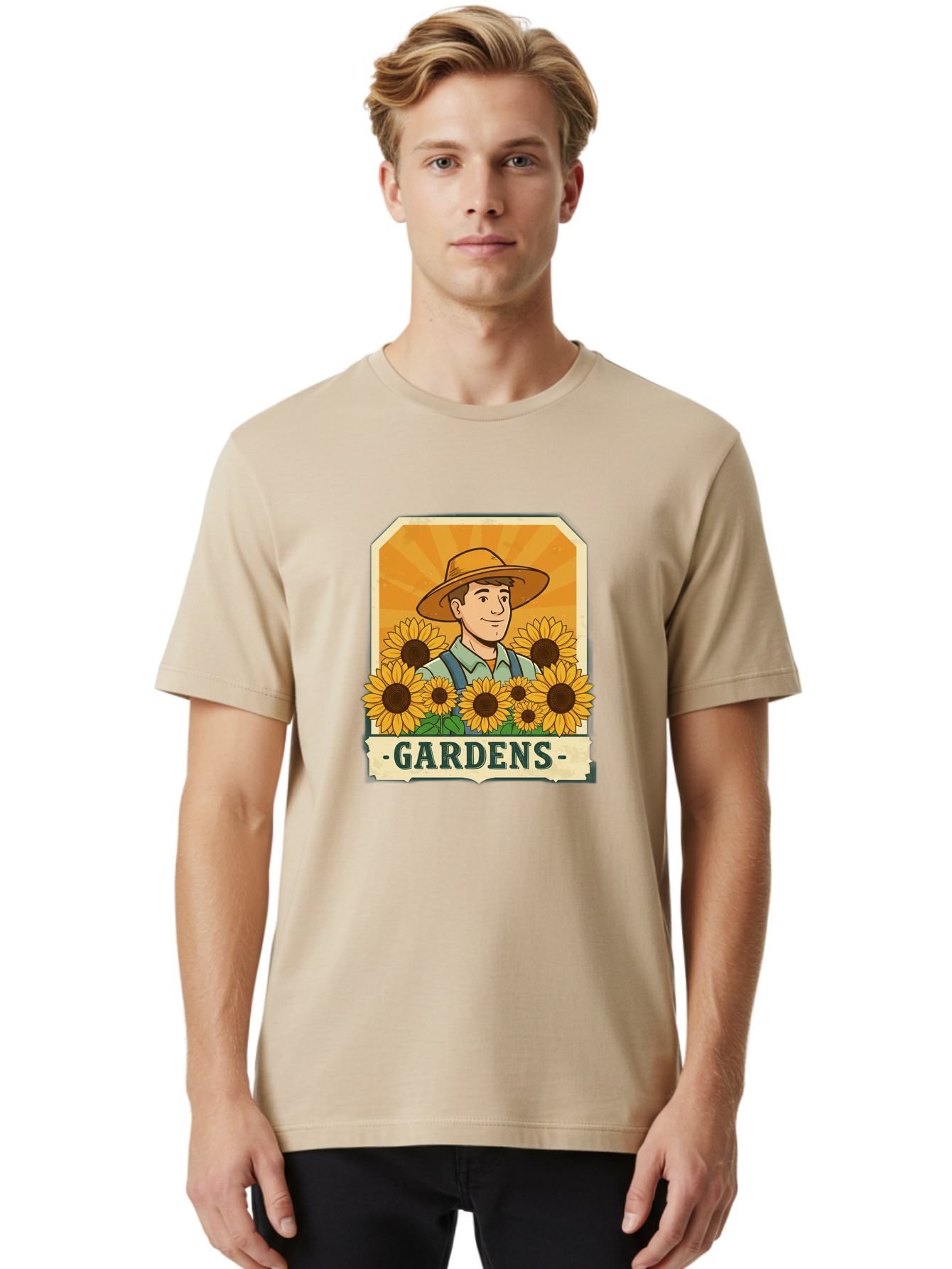 Gardens Men'S Graphic Tee, 100% Cotton, Comfortable Casual Summer Wear, Machine Washable, Gardener With Sunflowers, Floral Arrangement, Garden Scene, Sun Hat, Overalls, Smiling Gardener, Gardening, Sunny Day, Yellow Flowers Baa730