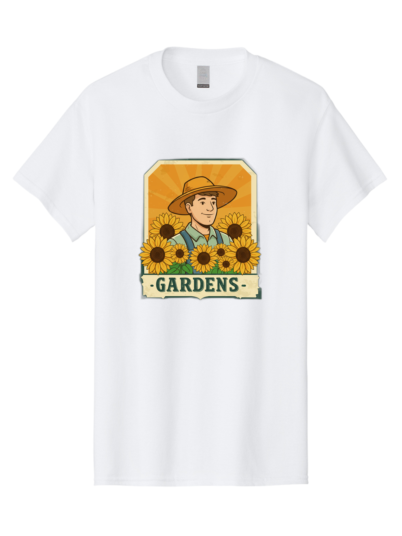 Gardens Men'S Graphic Tee, 100% Cotton, Comfortable Casual Summer Wear, Machine Washable, Gardener With Sunflowers, Floral Arrangement, Garden Scene, Sun Hat, Overalls, Smiling Gardener, Gardening, Sunny Day, Yellow Flowers Baa730