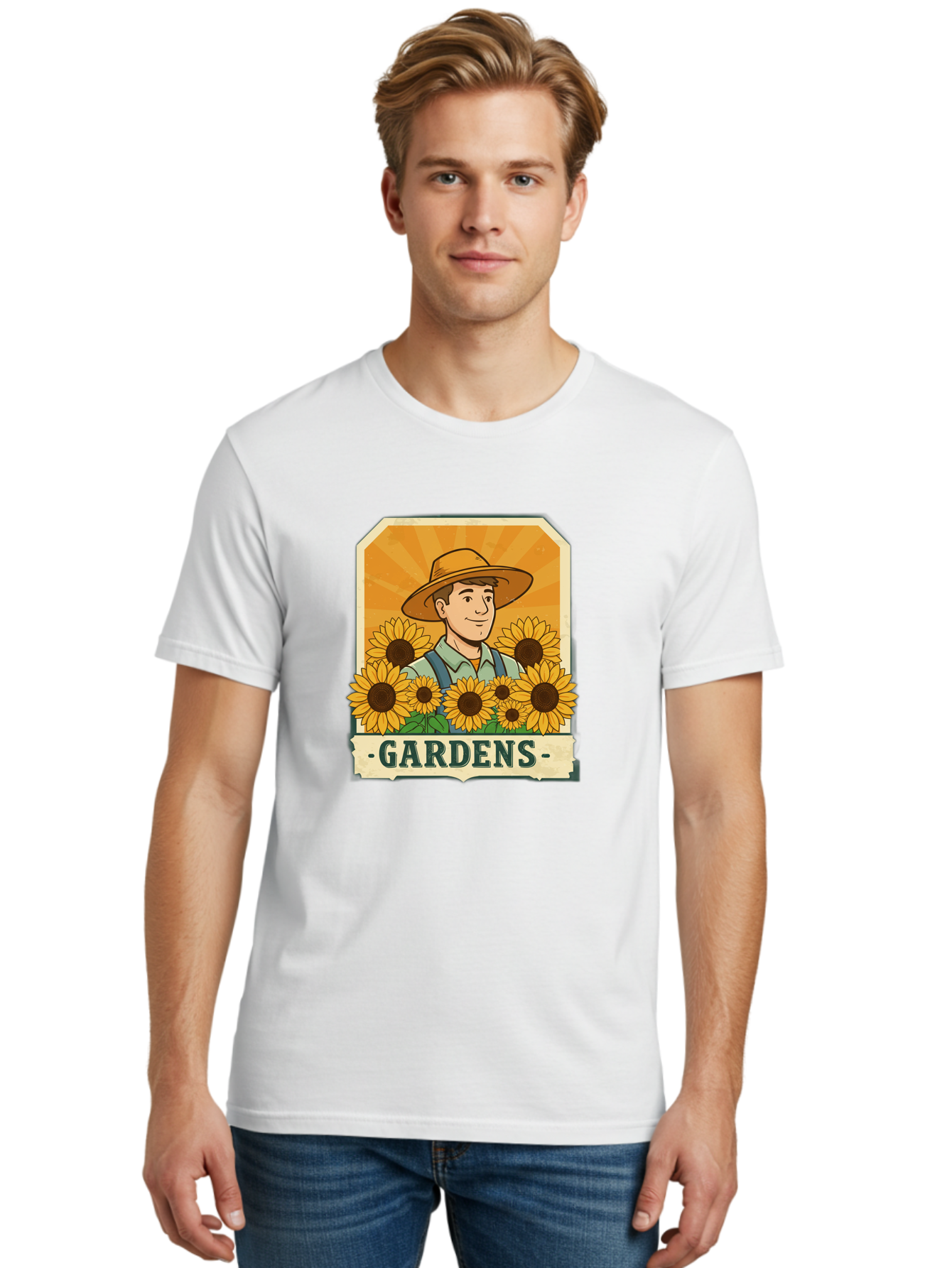 Gardens Men'S Graphic Tee, 100% Cotton, Comfortable Casual Summer Wear, Machine Washable, Gardener With Sunflowers, Floral Arrangement, Garden Scene, Sun Hat, Overalls, Smiling Gardener, Gardening, Sunny Day, Yellow Flowers Baa730