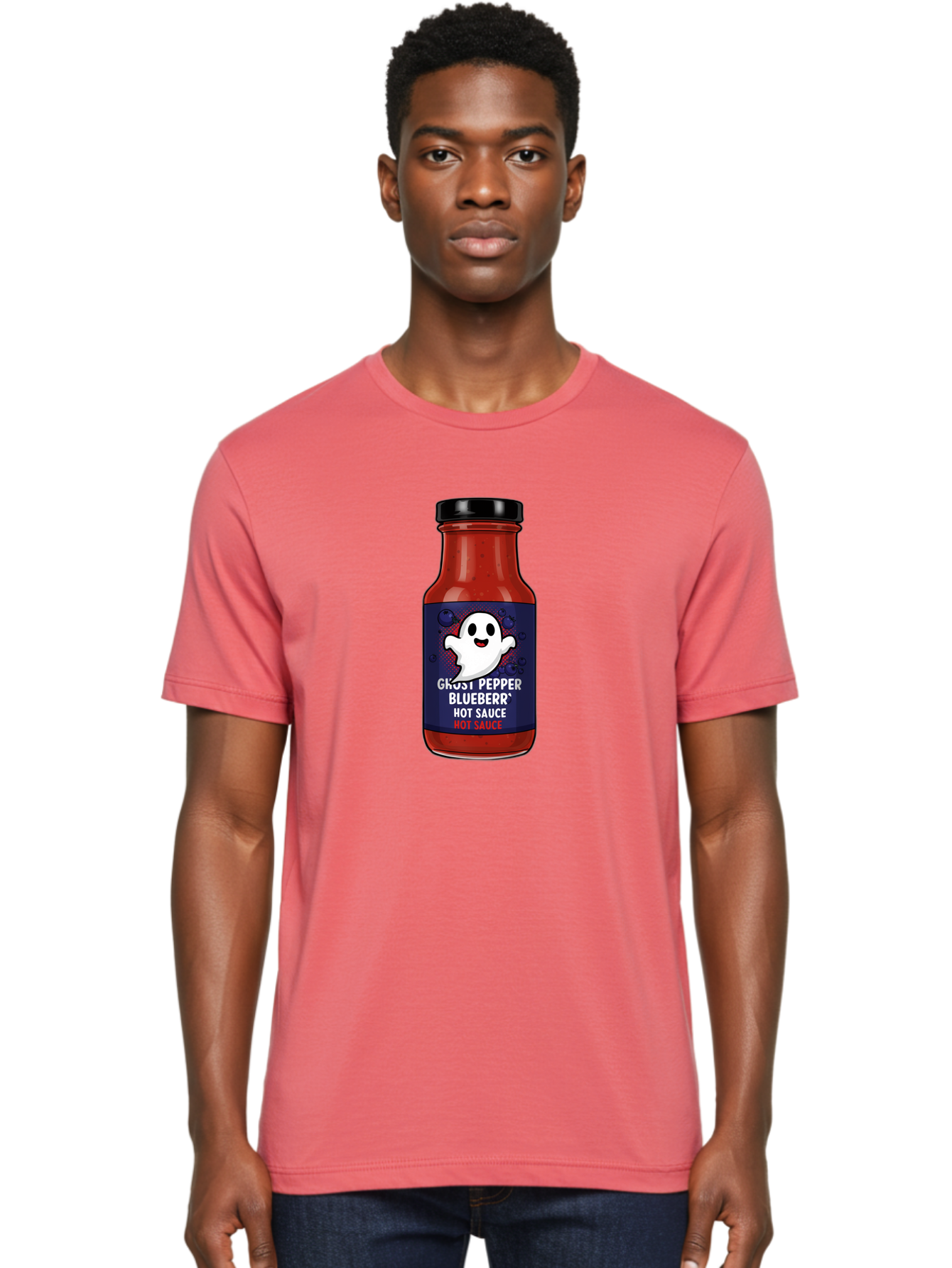 Ghost-Pepper-Blueburr-Hot-Sauce Men'S Graphic Tee, 100% Cotton, Comfortable Casual Summer Wear, Machine Washable, Hot Sauce, Spicy Condiment, Ghost Pepper, Blueberry Flavor, Condiment Bottle, Sauce Label, Spicy Food, Flavorful Sauce, Baa734