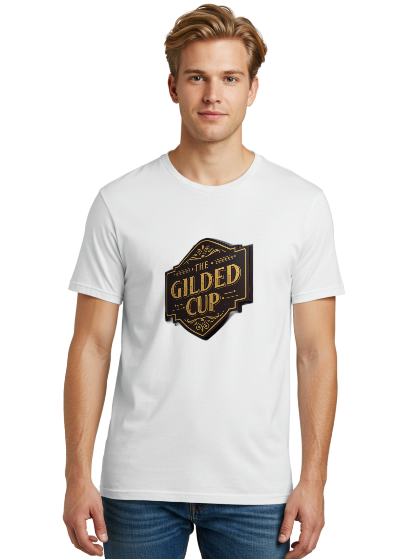 Gilded-Cup Men'S Graphic Tee, 100% Cotton, Comfortable Casual Summer Wear, Machine Washable, The Gilded Cup, Luxury Branding, Elegant Font, Gold And Black Logo, Vintage Style, Ornate Design, Sophistication, Premium Feel Baa736