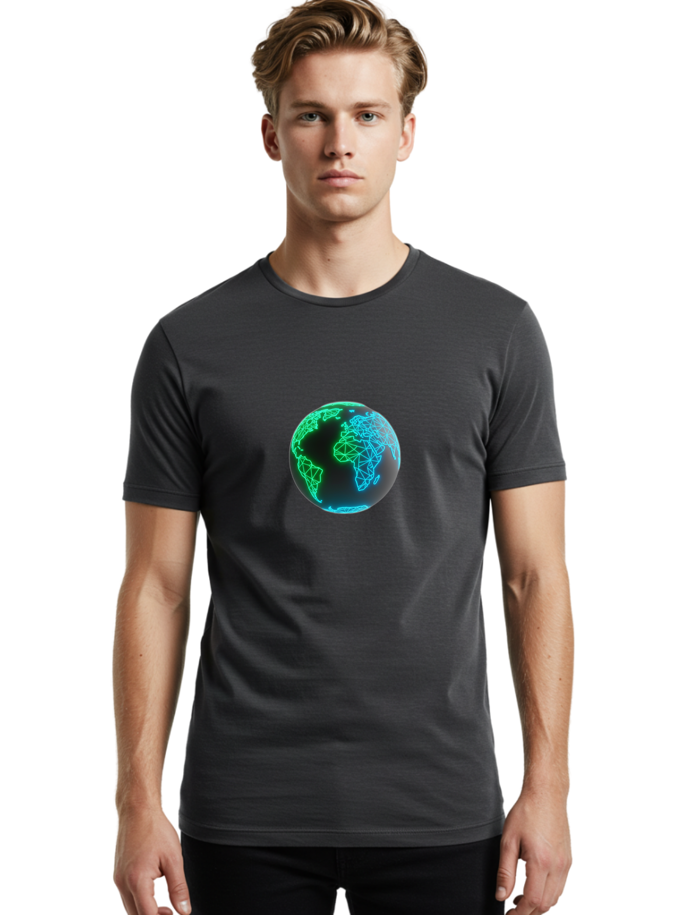 Globe-10 Men'S Graphic Tee, 100% Cotton, Comfortable Casual Summer Wear, Machine Washable, Globe, World Map, Digital Art, Neon Lights, Blue And Green Hues, Futuristic Design, Network Connections, Global Unity, 3D Rendering Baa739