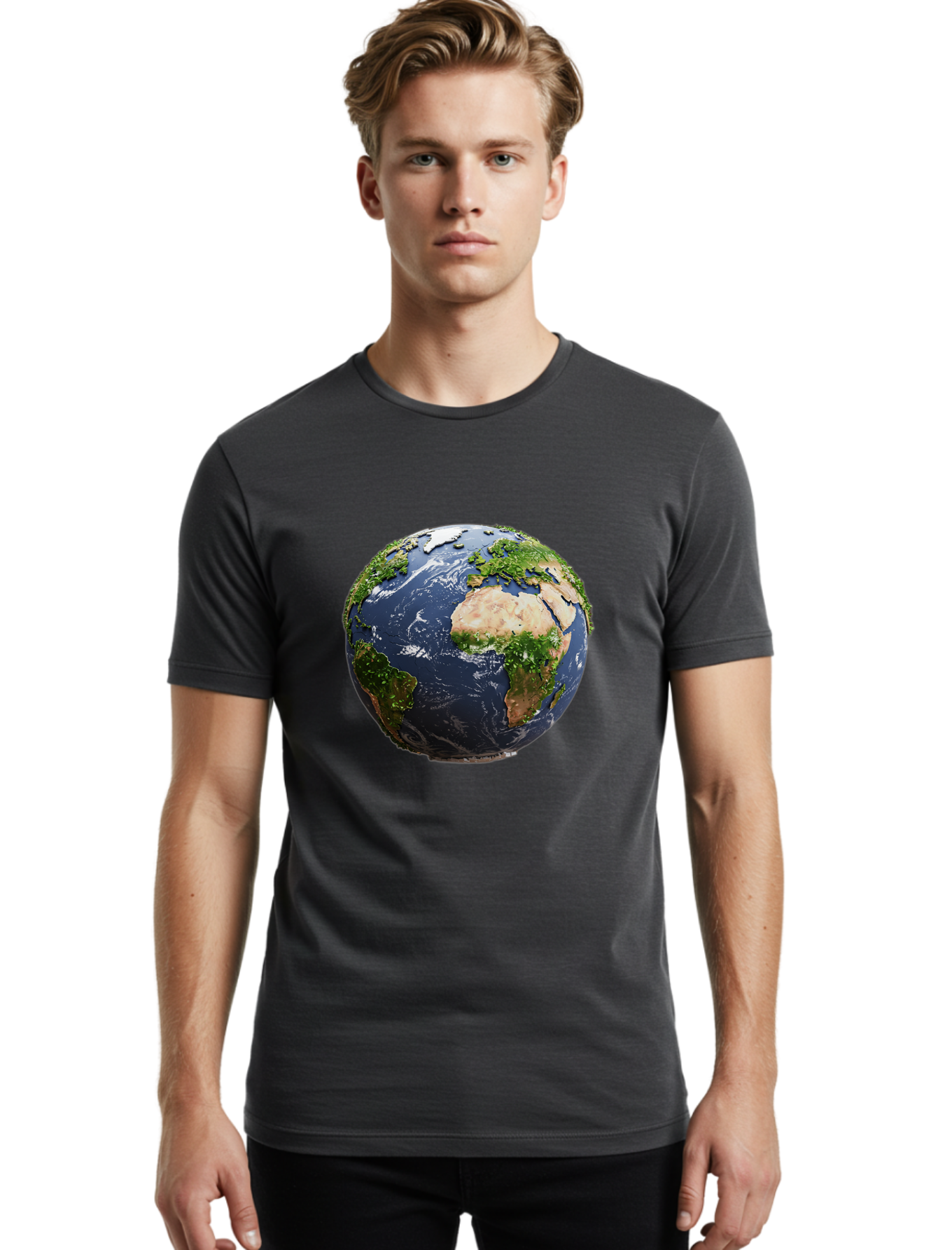 Globe-12 Men'S Graphic Tee, 100% Cotton, Comfortable Casual Summer Wear, Machine Washable, Globe Showing Africa, Europe, And Atlantic Ocean, Global View, Planet Earth, Continents, Oceans, Digital Rendering, 3D Visualization, World Map Baa741