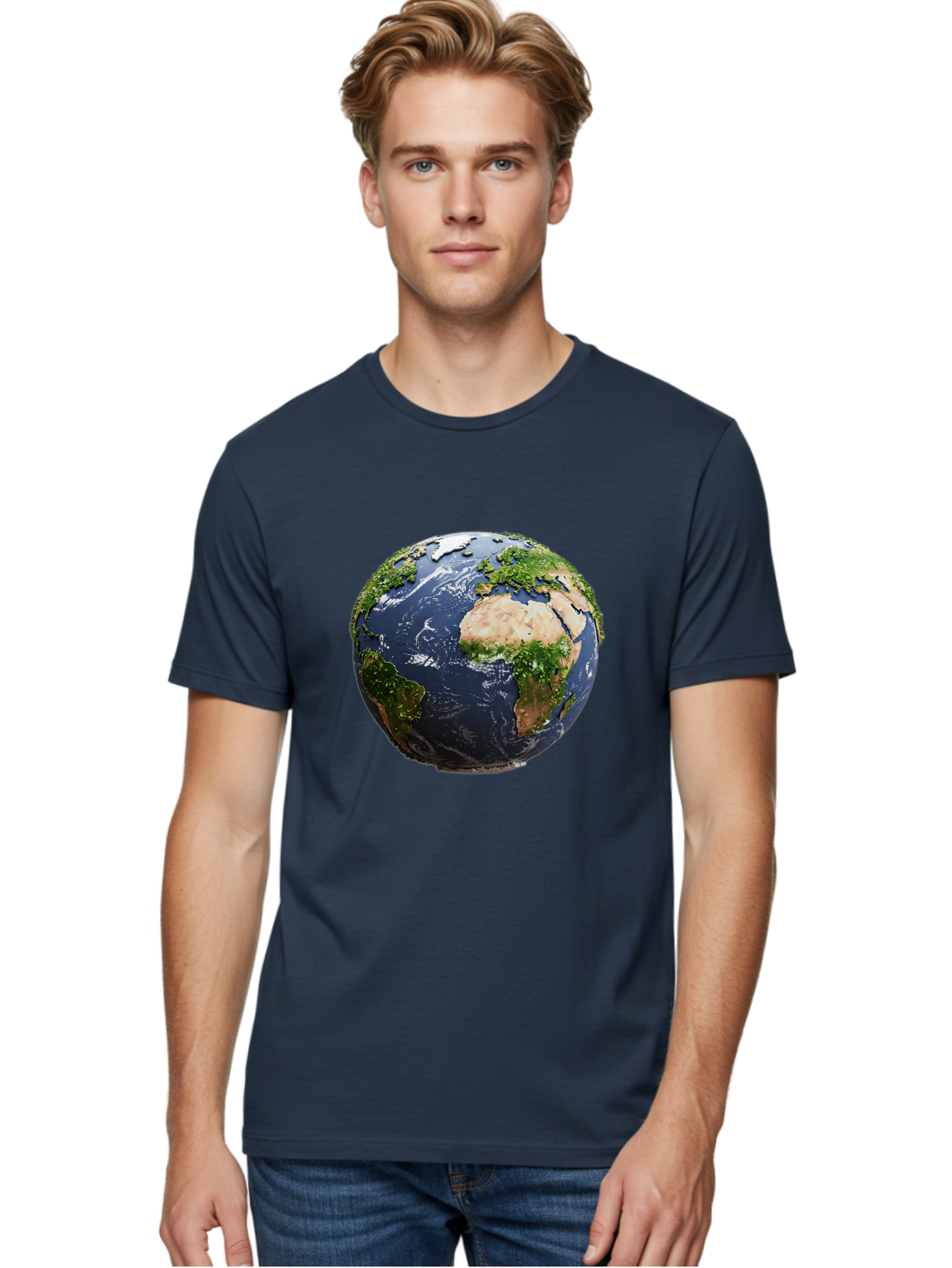 Globe-12 Men'S Graphic Tee, 100% Cotton, Comfortable Casual Summer Wear, Machine Washable, Globe Showing Africa, Europe, And Atlantic Ocean, Global View, Planet Earth, Continents, Oceans, Digital Rendering, 3D Visualization, World Map Baa741