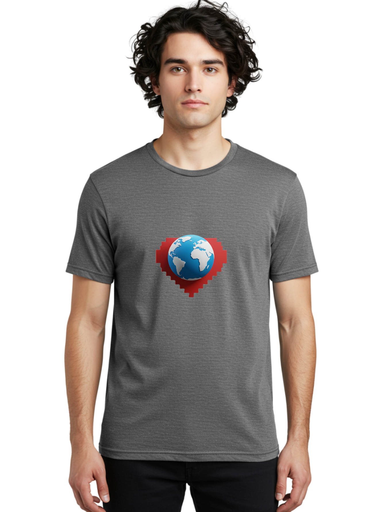 Globe-4 Men'S Graphic Tee, 100% Cotton, Comfortable Casual Summer Wear, Machine Washable, Globe Centered On Red Heart, Global Unity, Love For Earth, World Harmony, Digital Illustration, 3D Globe, Heart Shape, International Cooperation, Baa744