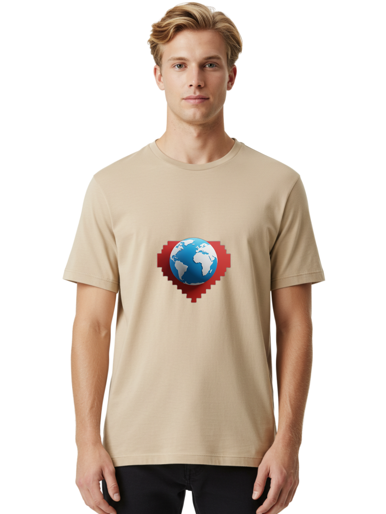 Globe-4 Men'S Graphic Tee, 100% Cotton, Comfortable Casual Summer Wear, Machine Washable, Globe Centered On Red Heart, Global Unity, Love For Earth, World Harmony, Digital Illustration, 3D Globe, Heart Shape, International Cooperation, Baa744
