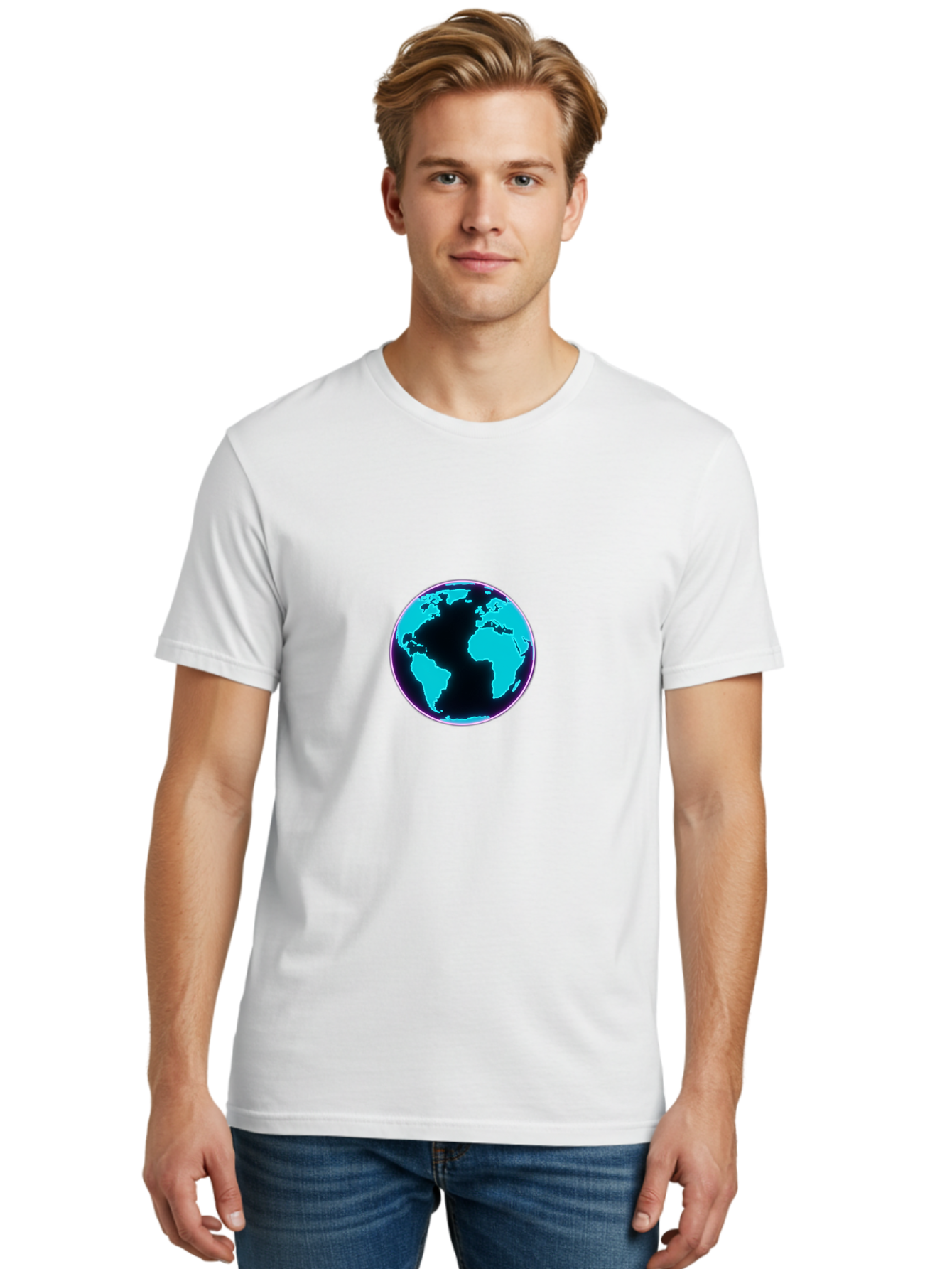 Globe-9 Men'S Graphic Tee, 100% Cotton, Comfortable Casual Summer Wear, Machine Washable, Globe, World Map, Blue And Black Silhouette, Centered, Visual Representation, Earth'S Surface, Americas Centered, Pink Outline, Modern Design, Baa749