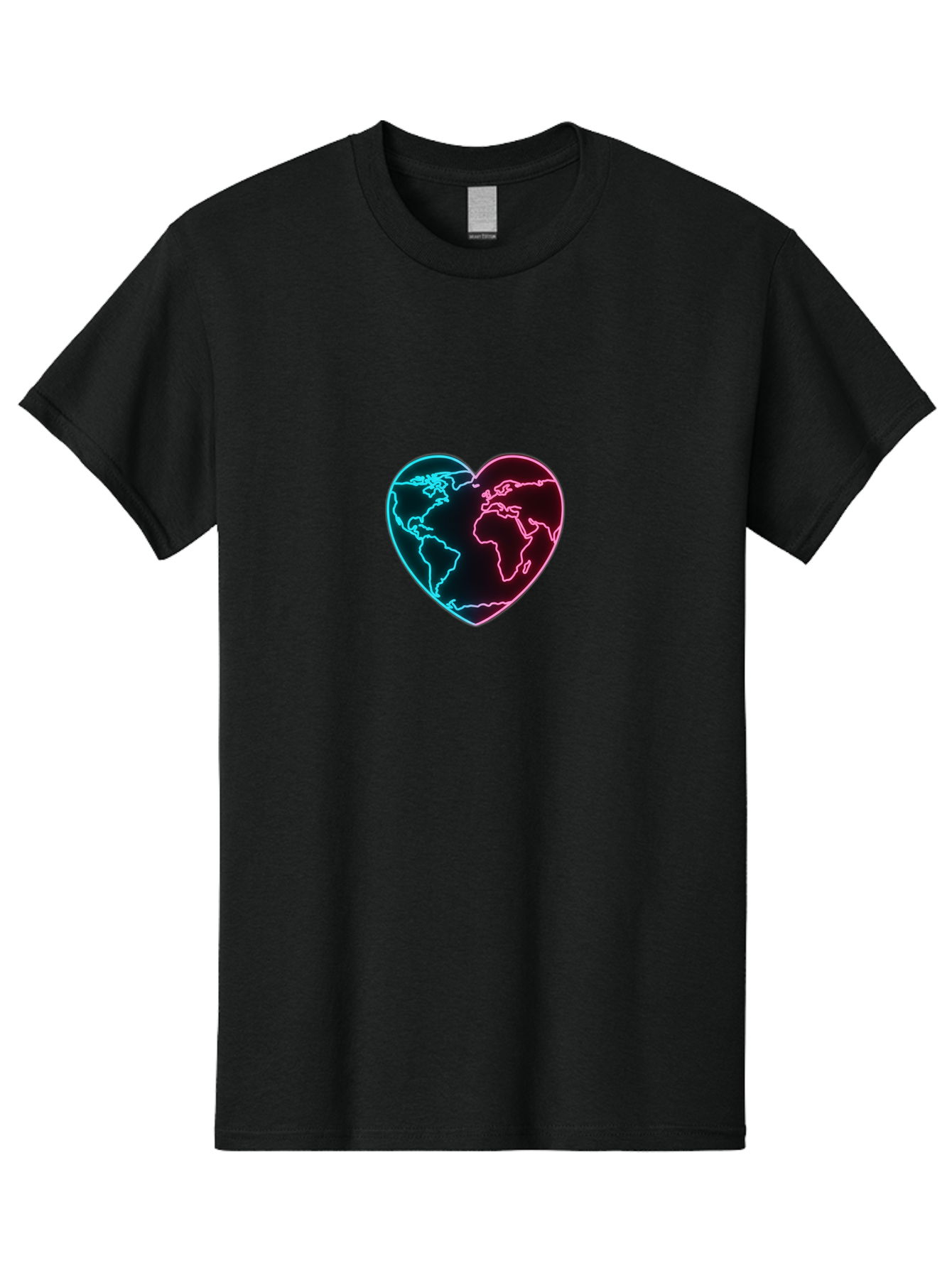 Globe-Heart Men'S Graphic Tee, 100% Cotton, Comfortable Casual Summer Wear, Machine Washable, Glowing World Map, Heart Shape, Neon Light, Global Unity, Love For The Planet, Blue And Pink Glow, Futuristic Design, Symbolic Representation Baa750