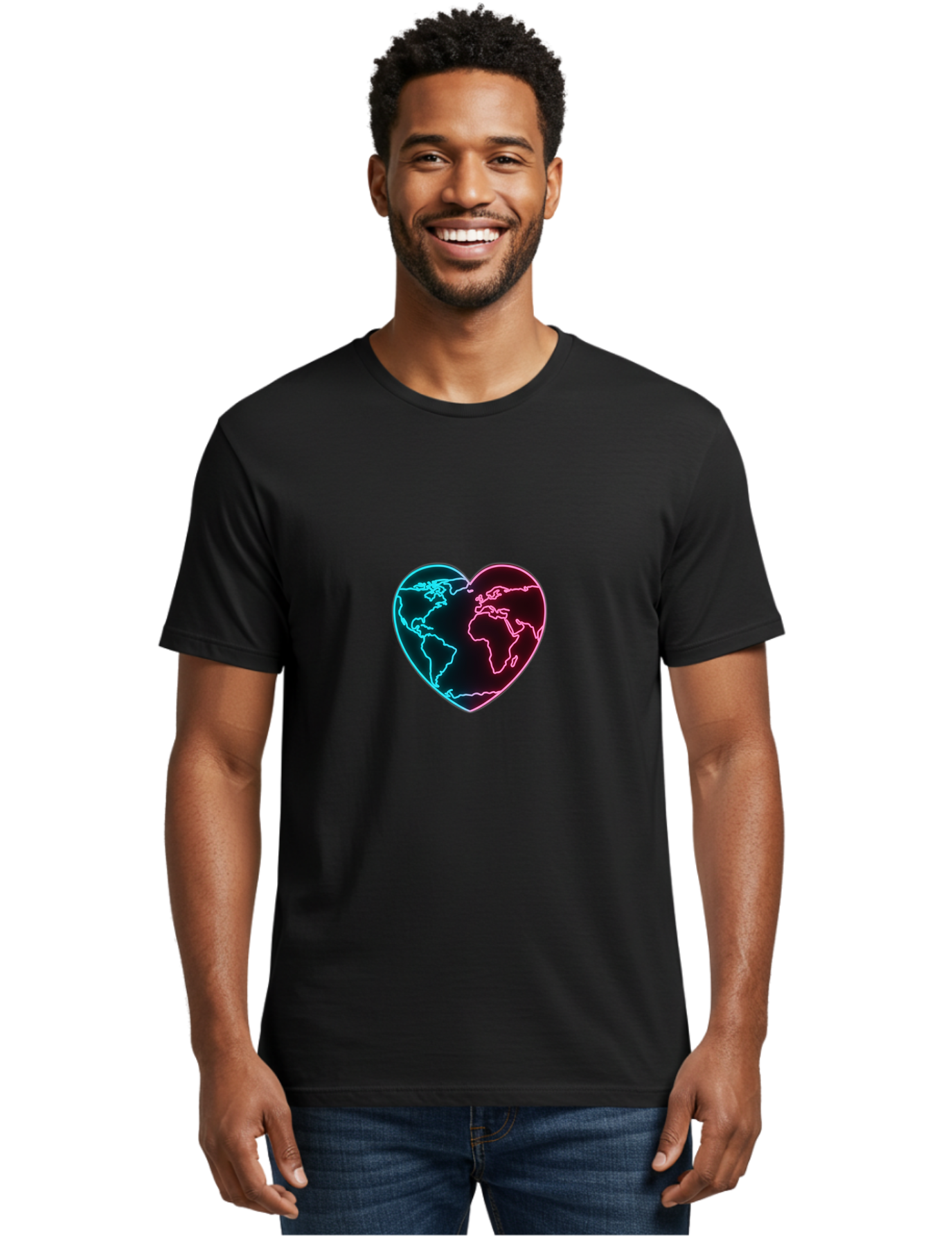Globe-Heart Men'S Graphic Tee, 100% Cotton, Comfortable Casual Summer Wear, Machine Washable, Glowing World Map, Heart Shape, Neon Light, Global Unity, Love For The Planet, Blue And Pink Glow, Futuristic Design, Symbolic Representation Baa750