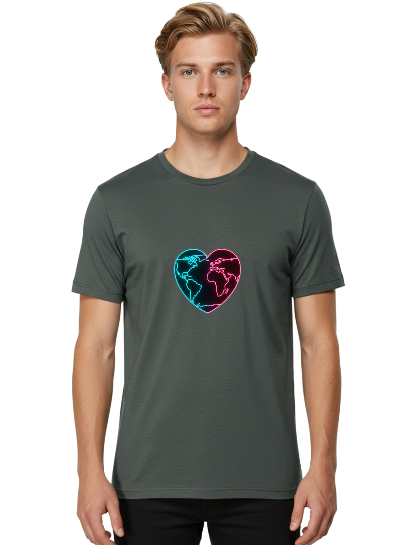 Globe-Heart Men'S Graphic Tee, 100% Cotton, Comfortable Casual Summer Wear, Machine Washable, Glowing World Map, Heart Shape, Neon Light, Global Unity, Love For The Planet, Blue And Pink Glow, Futuristic Design, Symbolic Representation Baa750