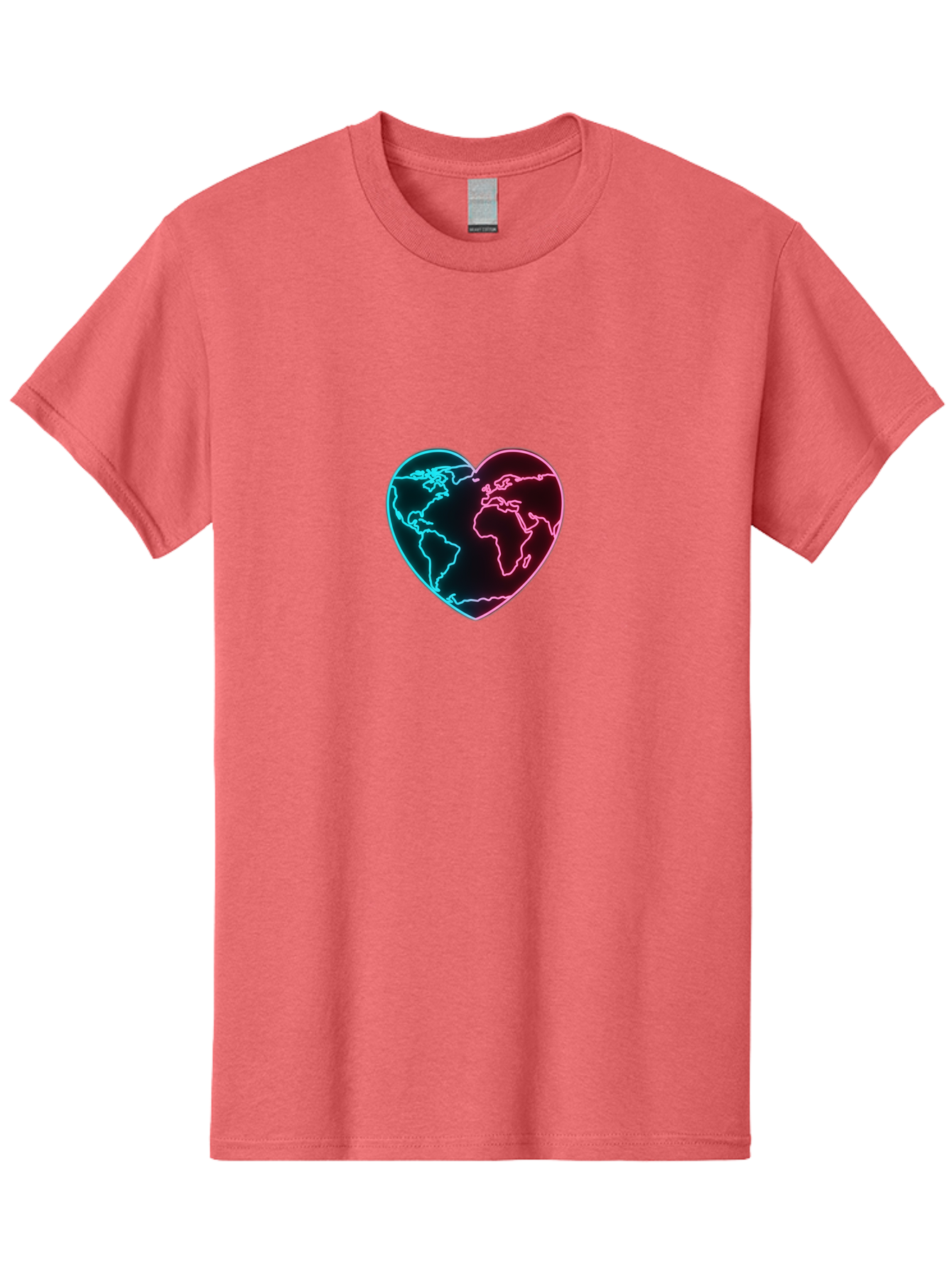 Globe-Heart Men'S Graphic Tee, 100% Cotton, Comfortable Casual Summer Wear, Machine Washable, Glowing World Map, Heart Shape, Neon Light, Global Unity, Love For The Planet, Blue And Pink Glow, Futuristic Design, Symbolic Representation Baa750