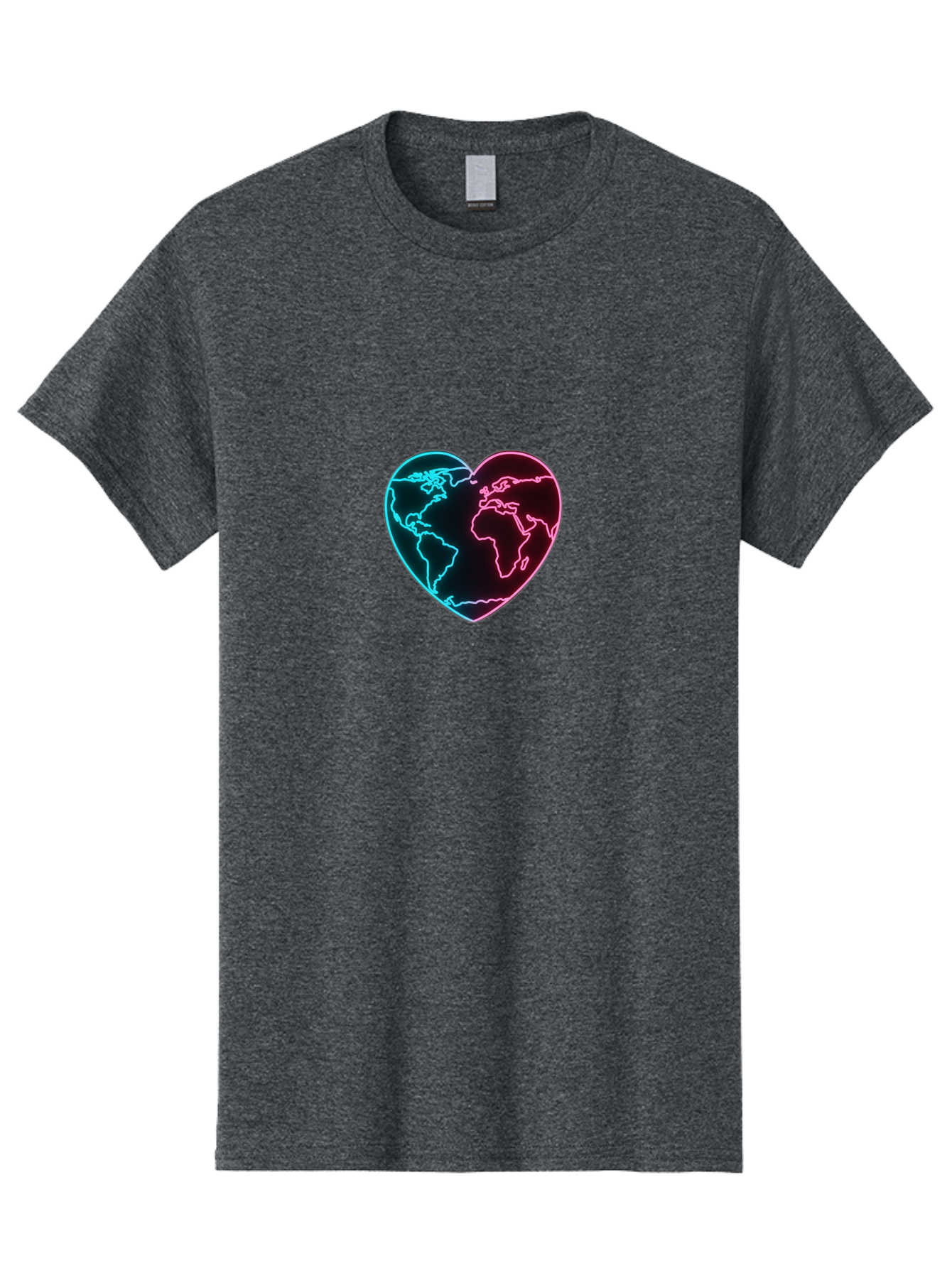Globe-Heart Men'S Graphic Tee, 100% Cotton, Comfortable Casual Summer Wear, Machine Washable, Glowing World Map, Heart Shape, Neon Light, Global Unity, Love For The Planet, Blue And Pink Glow, Futuristic Design, Symbolic Representation Baa750