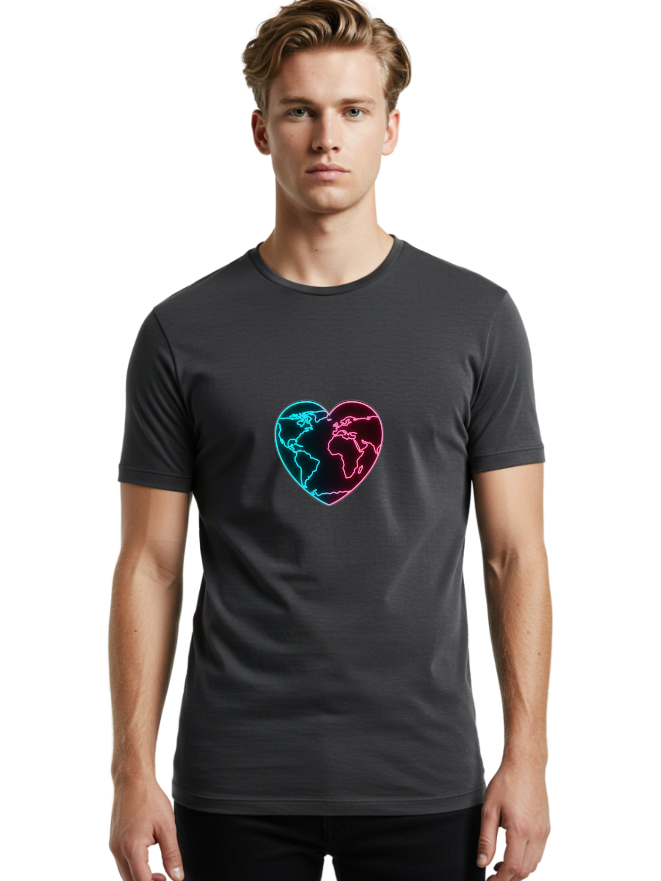 Globe-Heart Men'S Graphic Tee, 100% Cotton, Comfortable Casual Summer Wear, Machine Washable, Glowing World Map, Heart Shape, Neon Light, Global Unity, Love For The Planet, Blue And Pink Glow, Futuristic Design, Symbolic Representation Baa750
