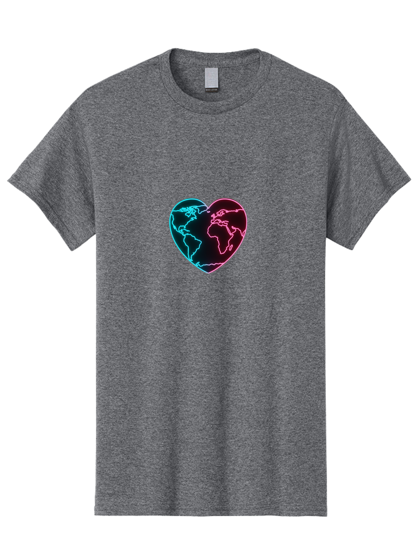 Globe-Heart Men'S Graphic Tee, 100% Cotton, Comfortable Casual Summer Wear, Machine Washable, Glowing World Map, Heart Shape, Neon Light, Global Unity, Love For The Planet, Blue And Pink Glow, Futuristic Design, Symbolic Representation Baa750
