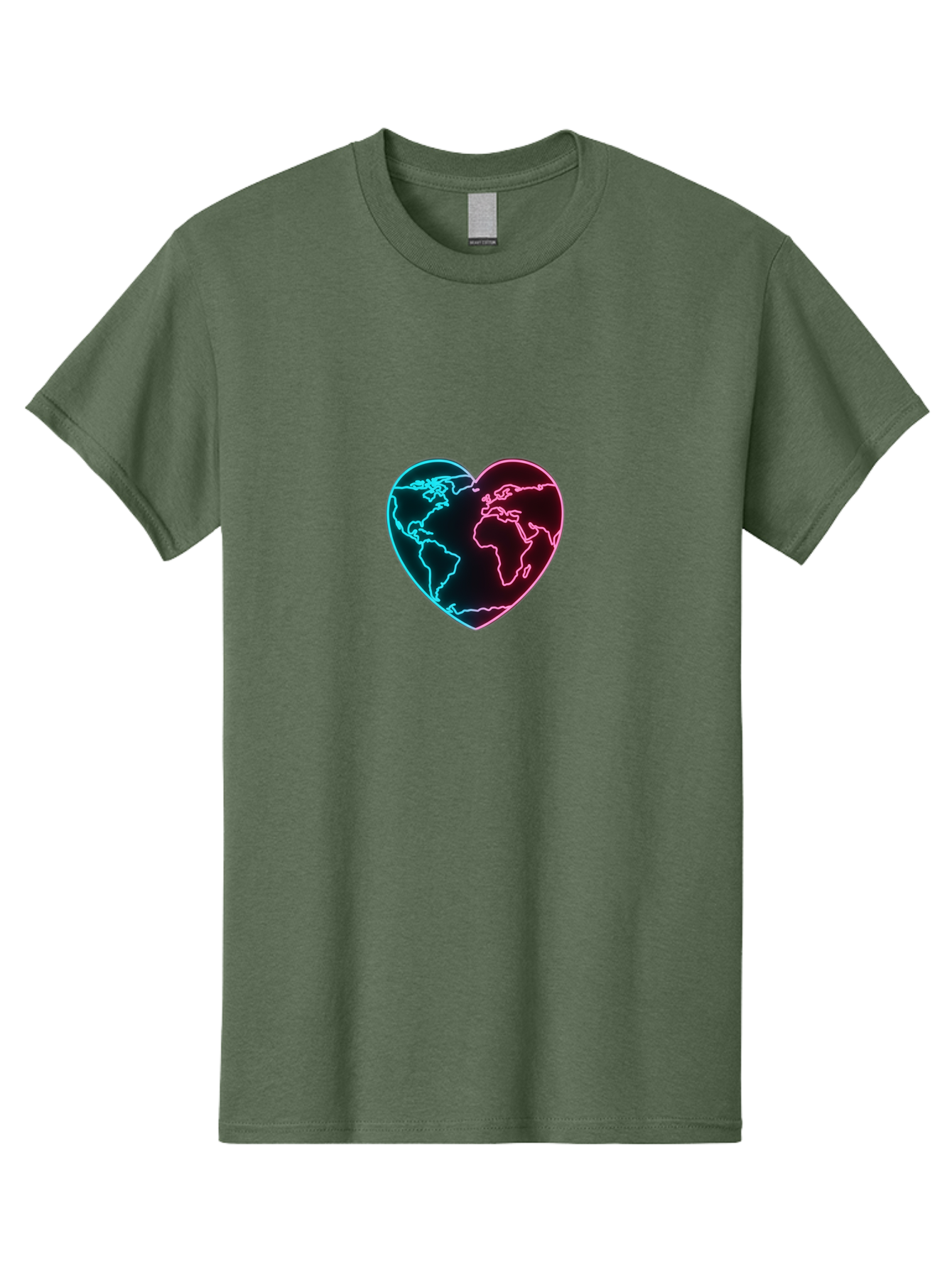 Globe-Heart Men'S Graphic Tee, 100% Cotton, Comfortable Casual Summer Wear, Machine Washable, Glowing World Map, Heart Shape, Neon Light, Global Unity, Love For The Planet, Blue And Pink Glow, Futuristic Design, Symbolic Representation Baa750