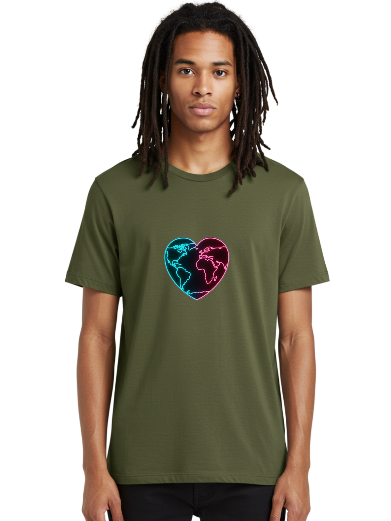 Globe-Heart Men'S Graphic Tee, 100% Cotton, Comfortable Casual Summer Wear, Machine Washable, Glowing World Map, Heart Shape, Neon Light, Global Unity, Love For The Planet, Blue And Pink Glow, Futuristic Design, Symbolic Representation Baa750