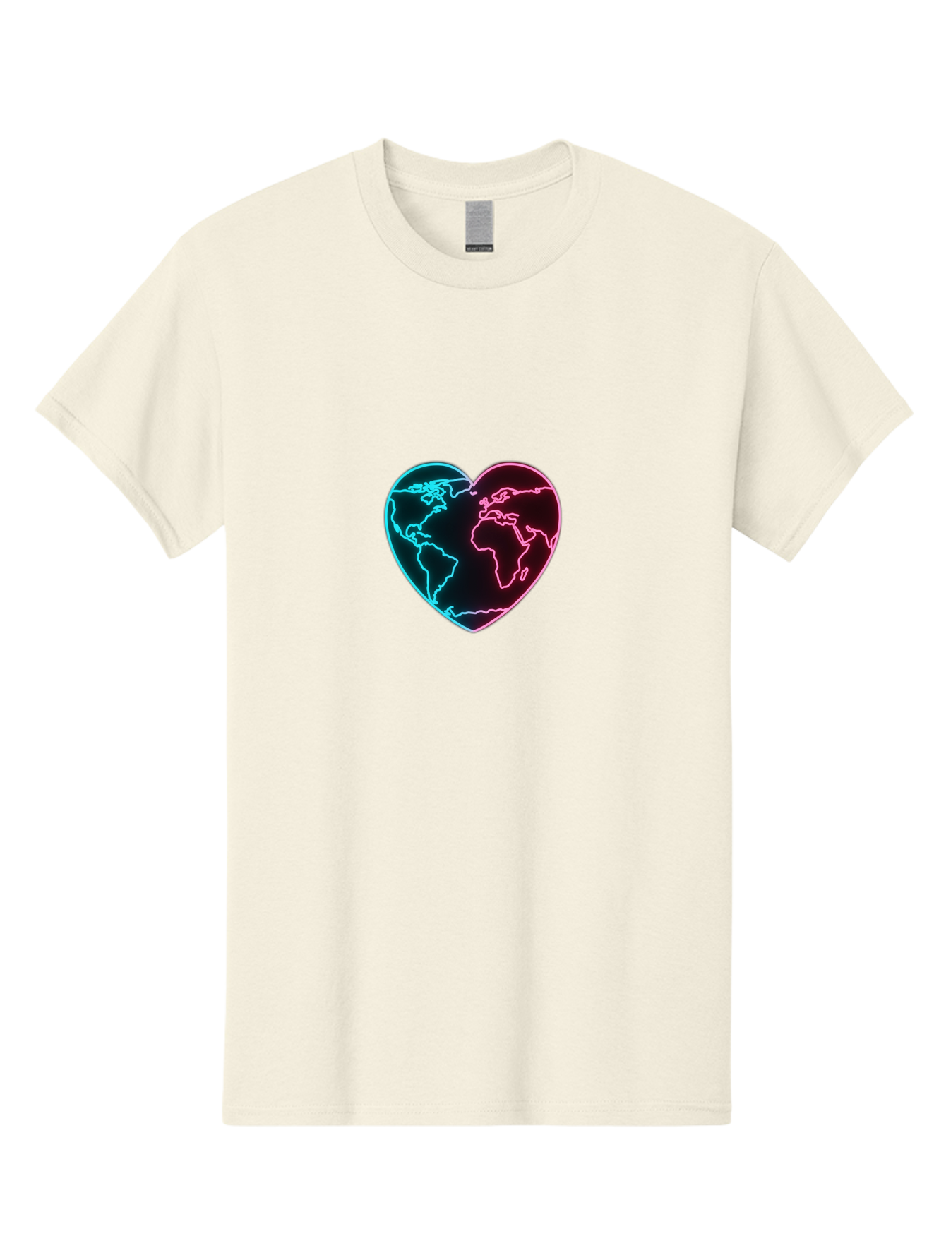 Globe-Heart Men'S Graphic Tee, 100% Cotton, Comfortable Casual Summer Wear, Machine Washable, Glowing World Map, Heart Shape, Neon Light, Global Unity, Love For The Planet, Blue And Pink Glow, Futuristic Design, Symbolic Representation Baa750