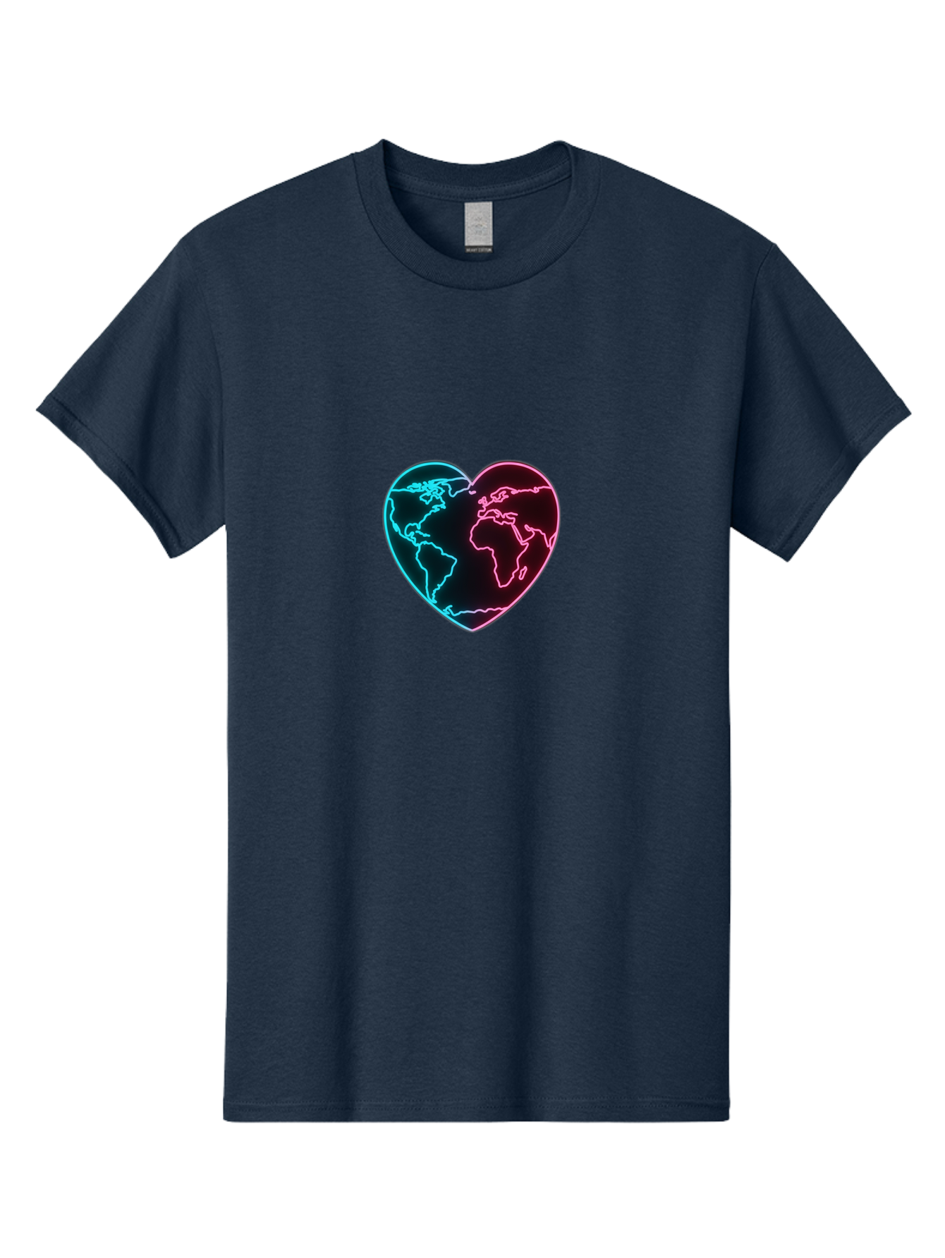 Globe-Heart Men'S Graphic Tee, 100% Cotton, Comfortable Casual Summer Wear, Machine Washable, Glowing World Map, Heart Shape, Neon Light, Global Unity, Love For The Planet, Blue And Pink Glow, Futuristic Design, Symbolic Representation Baa750