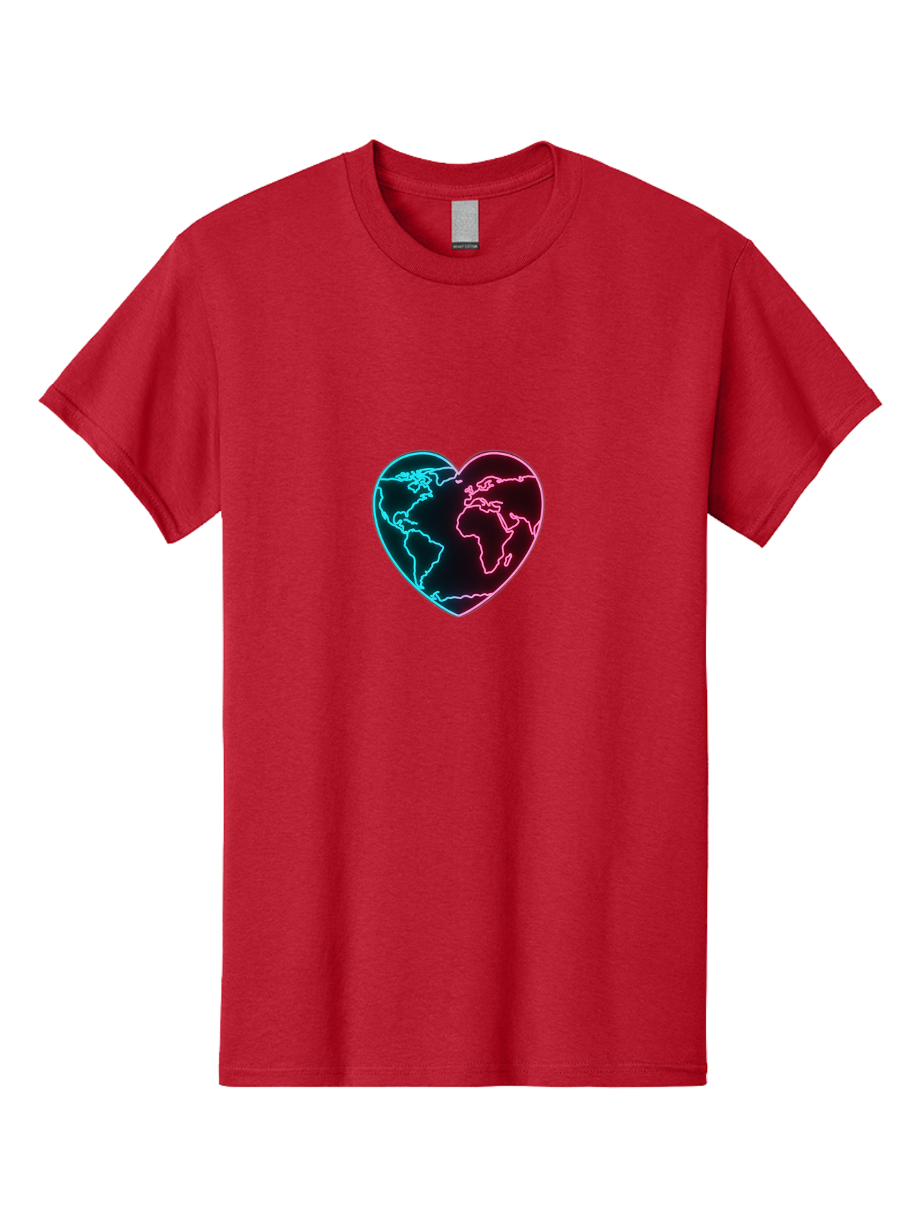 Globe-Heart Men'S Graphic Tee, 100% Cotton, Comfortable Casual Summer Wear, Machine Washable, Glowing World Map, Heart Shape, Neon Light, Global Unity, Love For The Planet, Blue And Pink Glow, Futuristic Design, Symbolic Representation Baa750