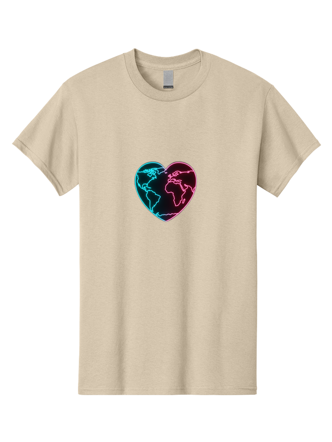 Globe-Heart Men'S Graphic Tee, 100% Cotton, Comfortable Casual Summer Wear, Machine Washable, Glowing World Map, Heart Shape, Neon Light, Global Unity, Love For The Planet, Blue And Pink Glow, Futuristic Design, Symbolic Representation Baa750