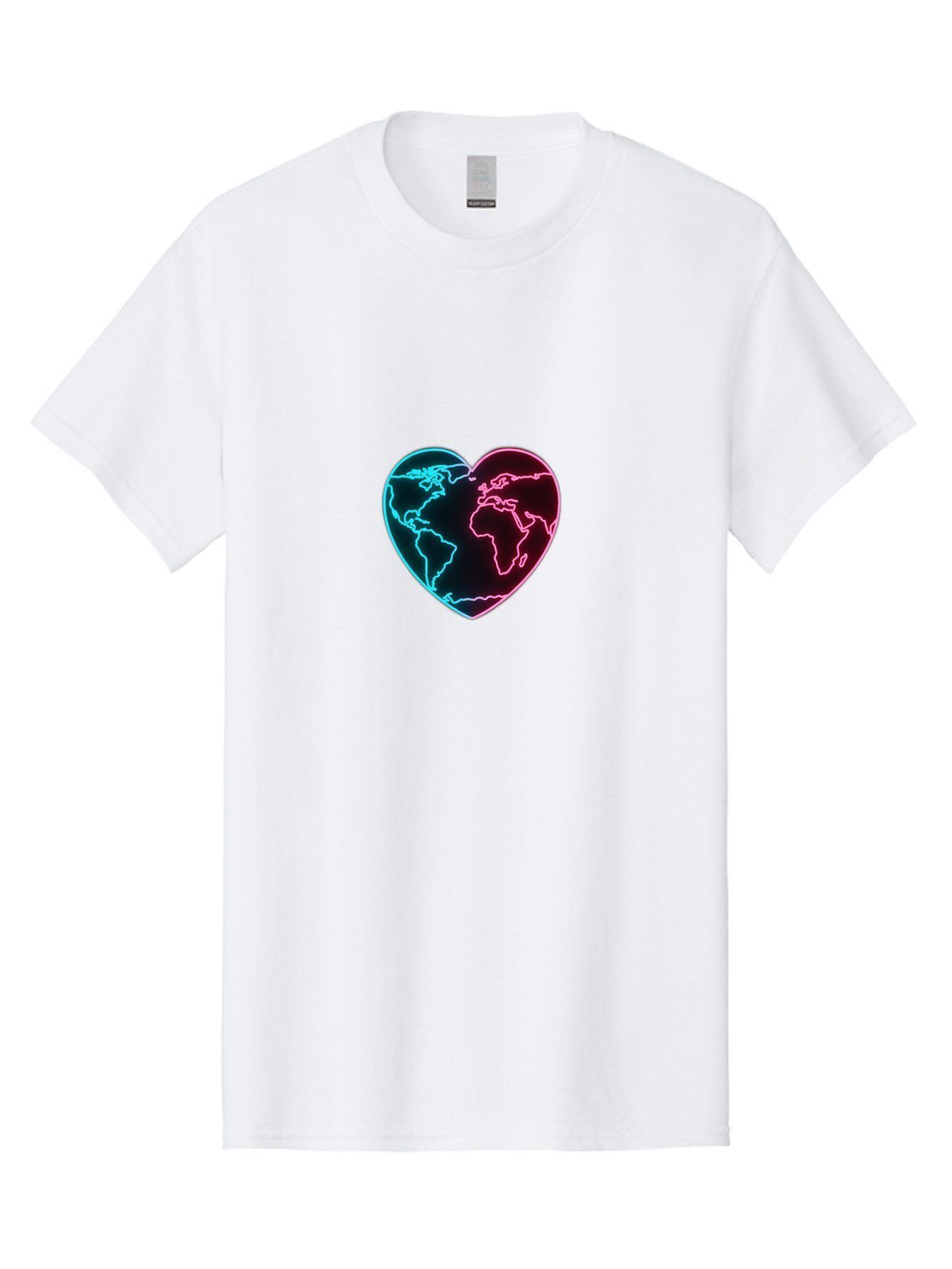 Globe-Heart Men'S Graphic Tee, 100% Cotton, Comfortable Casual Summer Wear, Machine Washable, Glowing World Map, Heart Shape, Neon Light, Global Unity, Love For The Planet, Blue And Pink Glow, Futuristic Design, Symbolic Representation Baa750