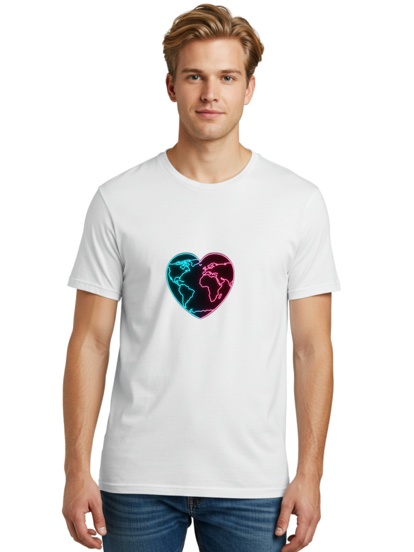 Globe-Heart Men'S Graphic Tee, 100% Cotton, Comfortable Casual Summer Wear, Machine Washable, Glowing World Map, Heart Shape, Neon Light, Global Unity, Love For The Planet, Blue And Pink Glow, Futuristic Design, Symbolic Representation Baa750