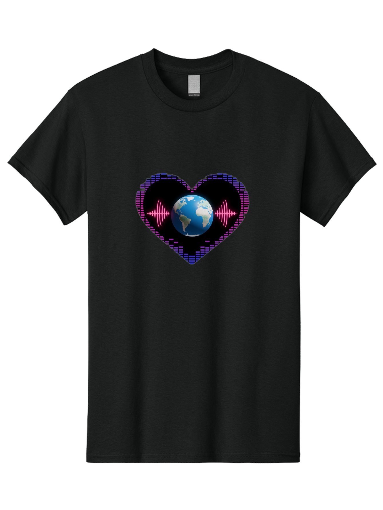Globe-Heartbeat Men'S Graphic Tee, 100% Cotton, Comfortable Casual Summer Wear, Machine Washable, Globe In Heart Shape, Digital Graphic, Sound Wave, Earth Love, Global Unity, Tech Art, Futuristic Design, Pixel Art Baa751